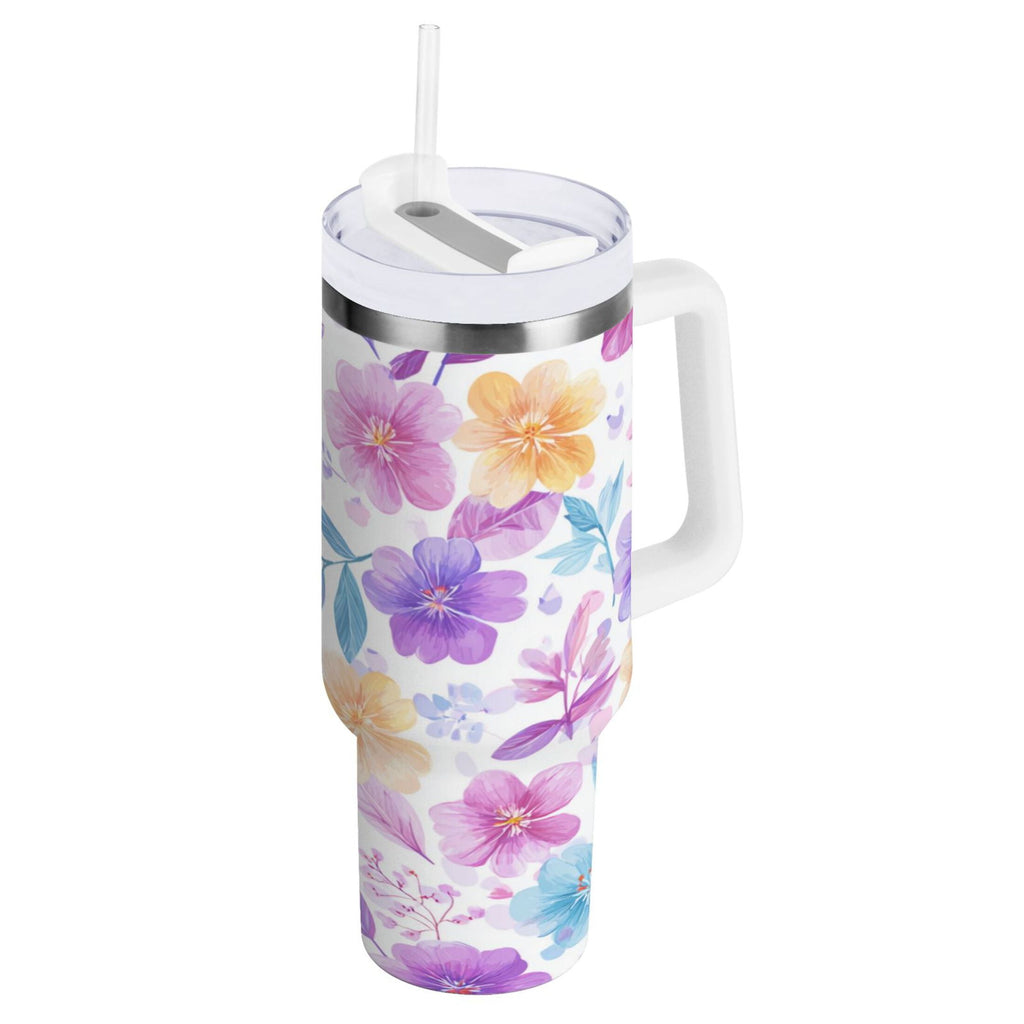 30 oz Insulated Stainless Steel Tumbler Double Wall Stainless Steel Tumbler with 2-Way Drinking Pink and Purple Flowers C424X