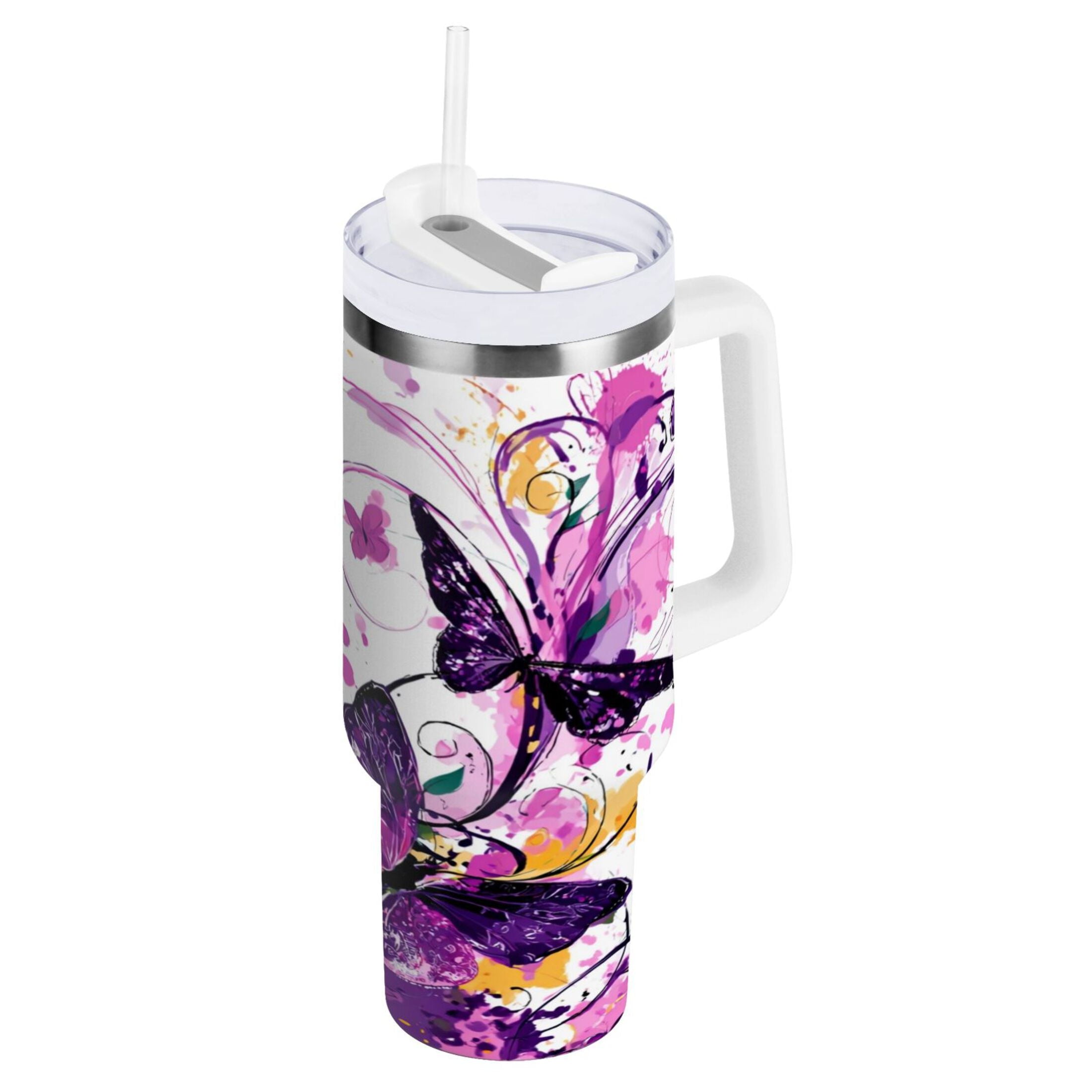 40 oz Insulated Stainless Steel Tumbler Double Wall Stainless Steel Tumbler with 2-Way Drinking Purple Butterfly C444D