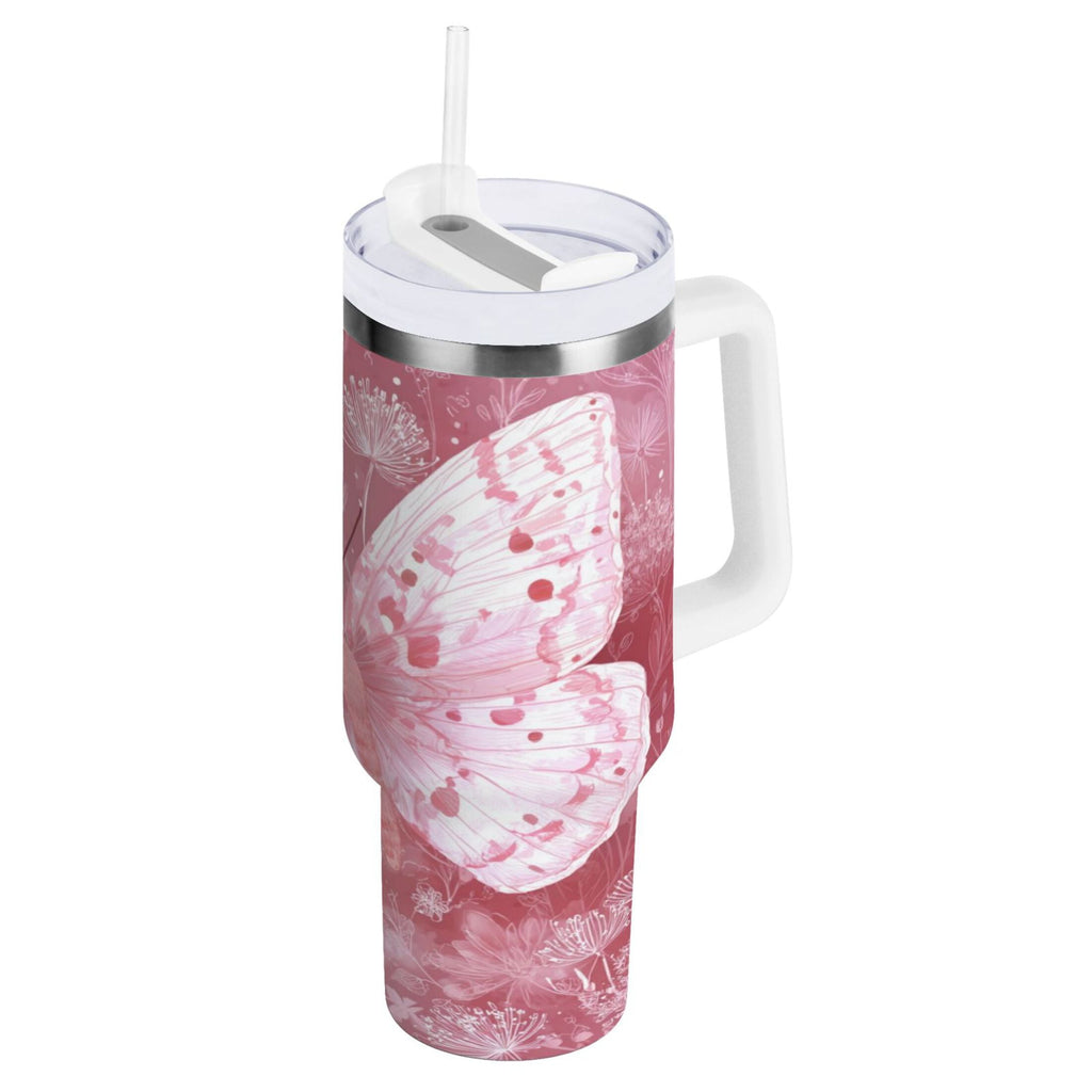 30 oz Insulated Stainless Steel Tumbler Double Wall Stainless Steel Tumbler with 2-Way Drinking Soft Pink Butterfly C561B