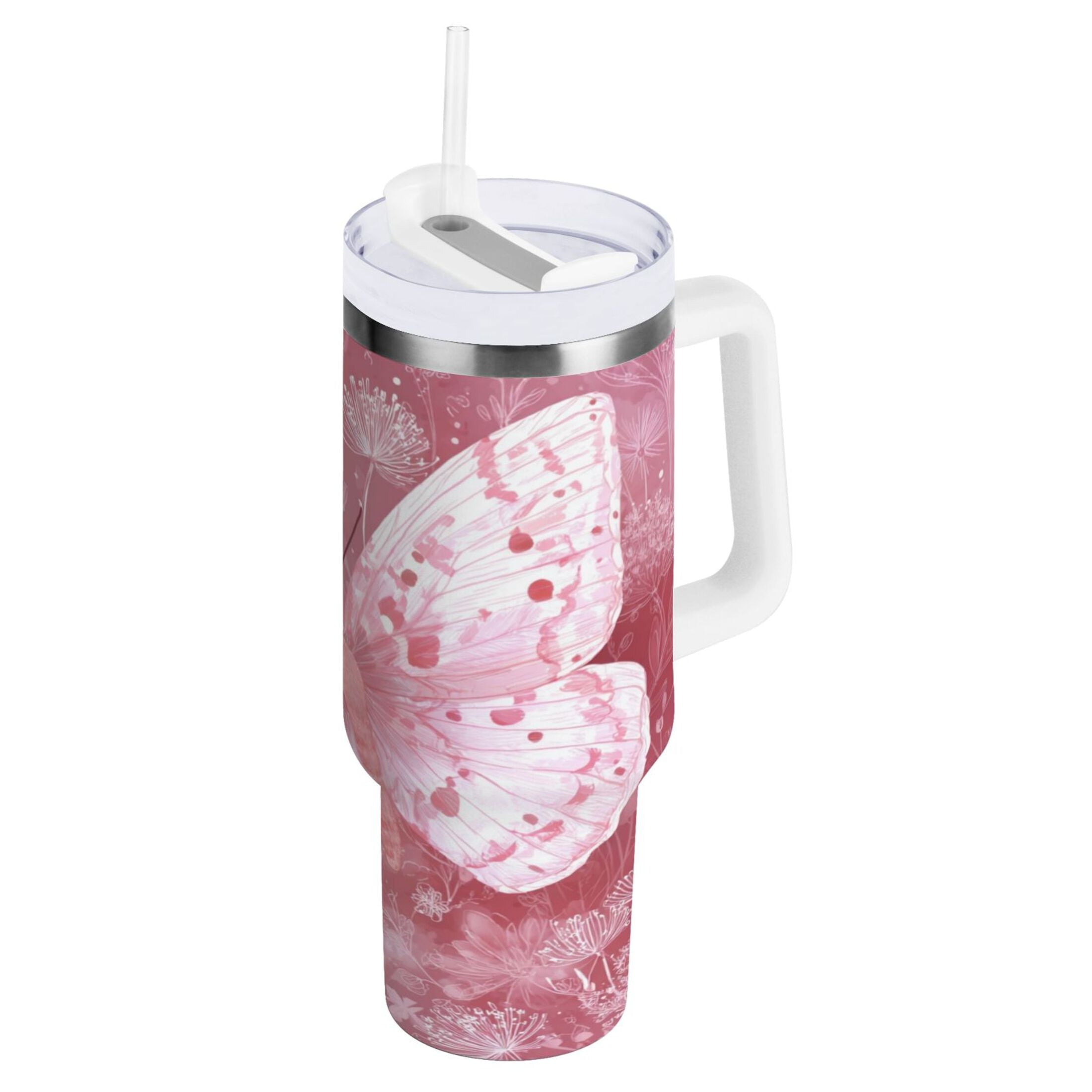 30 oz Insulated Stainless Steel Tumbler Double Wall Stainless Steel Tumbler with 2-Way Drinking Soft Pink Butterfly C561B