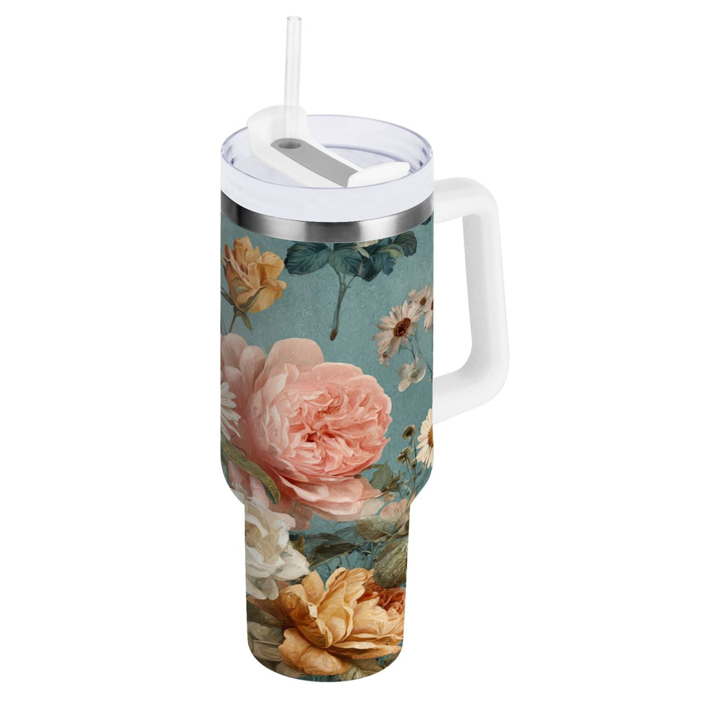 30 oz Insulated Stainless Steel Tumbler Double Wall Stainless Steel Tumbler with 2-Way Drinking Vintage Roses and Peonies C667T