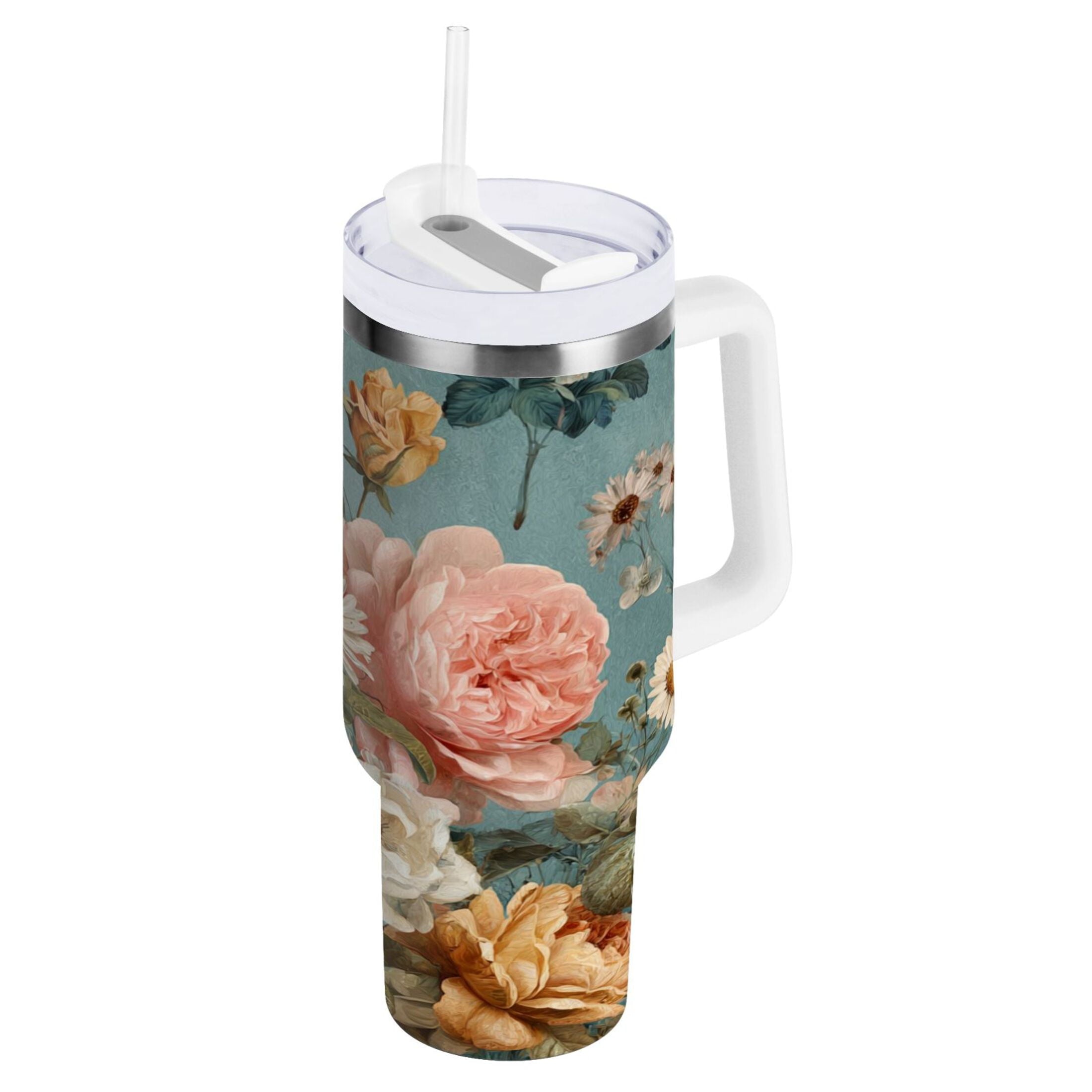30 oz Insulated Stainless Steel Tumbler Double Wall Stainless Steel Tumbler with 2-Way Drinking Vintage Roses and Peonies C667T