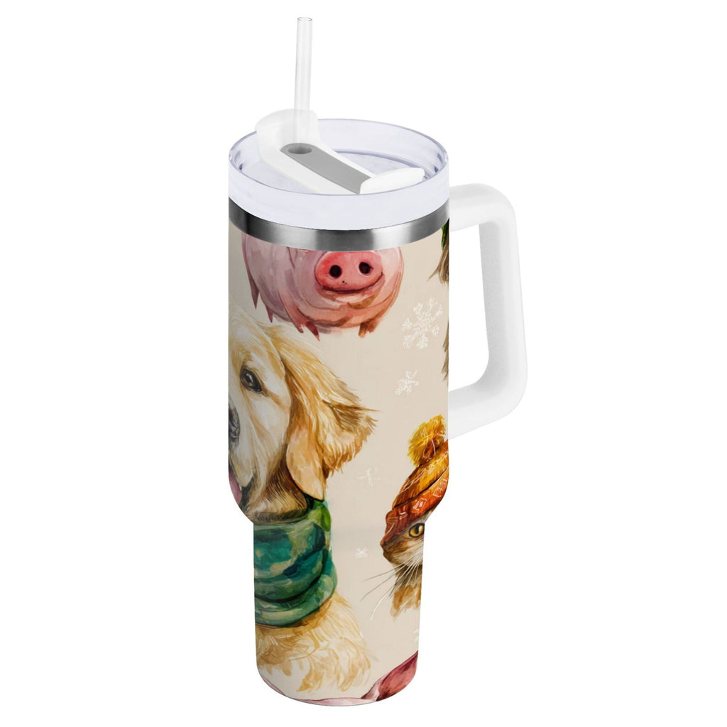 30 oz Insulated Stainless Steel Tumbler Double Wall Stainless Steel Tumbler with 2-Way Drinking Watercolor Animals Pattern C618Y