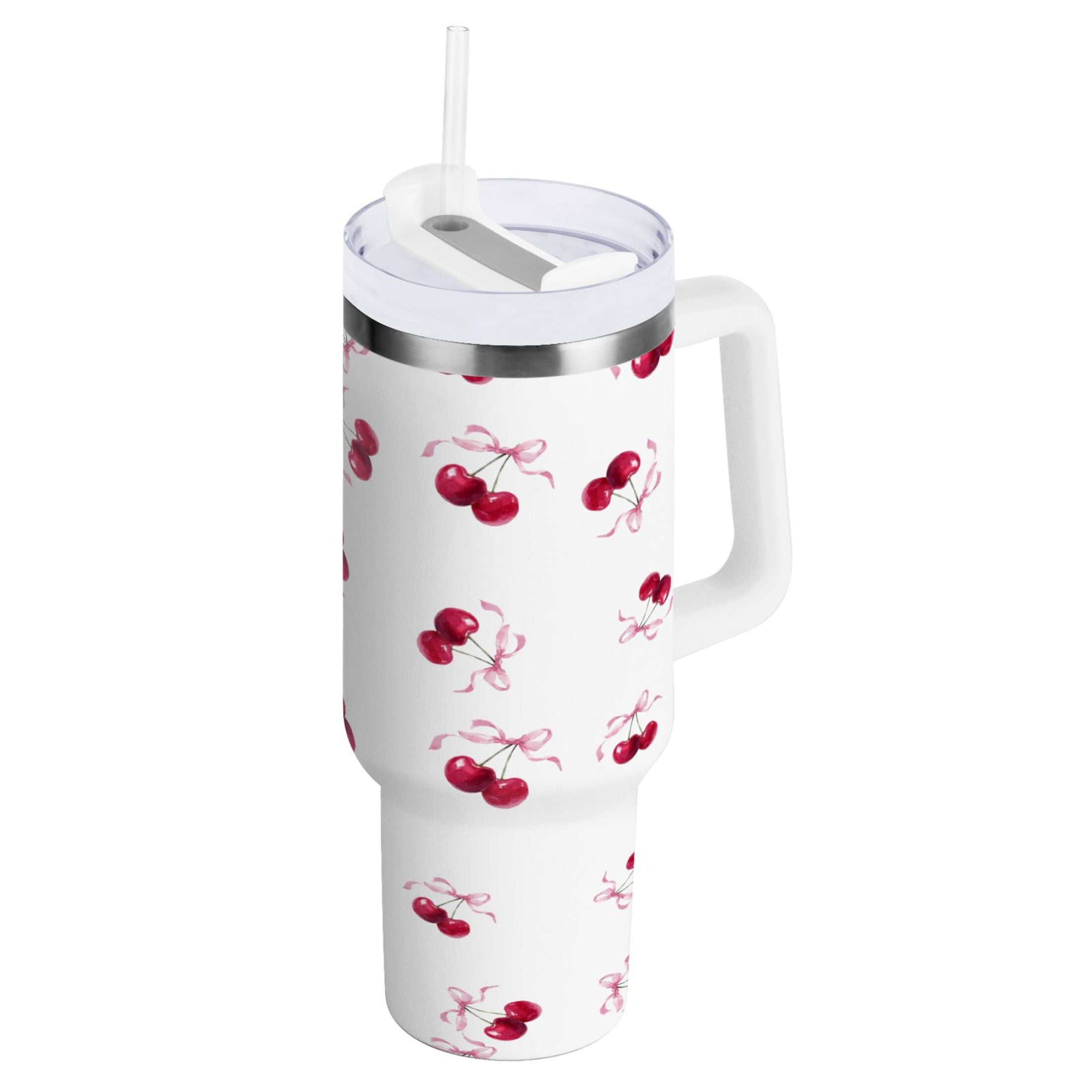 30 oz Insulated Stainless Steel Tumbler Double Wall Stainless Steel Tumbler with 2-Way Drinking Watercolor Cherries Pattern C604S
