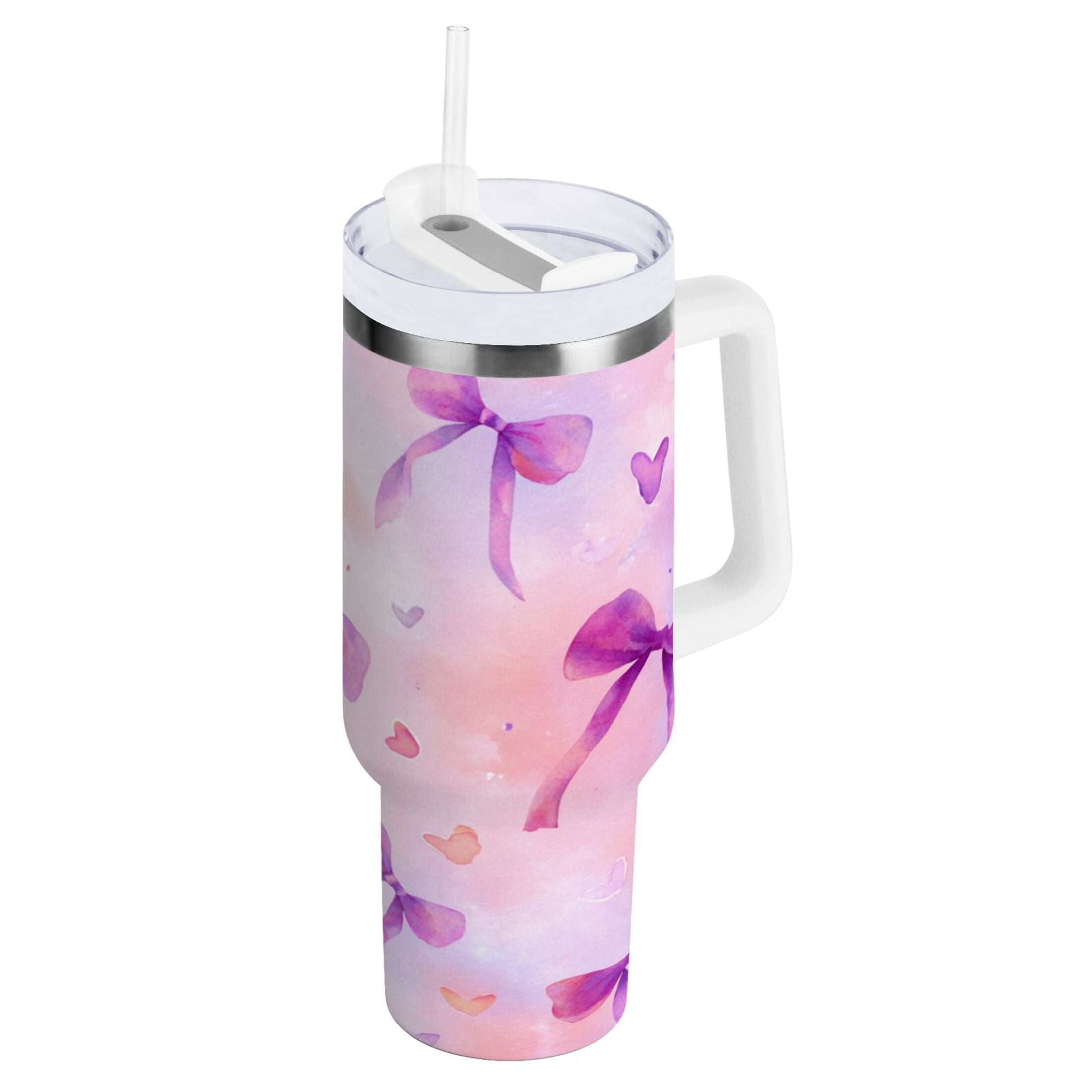 30 oz Insulated Stainless Steel Tumbler Double Wall Stainless Steel Tumbler with 2-Way Drinking Watercolor Purple Bows C591F