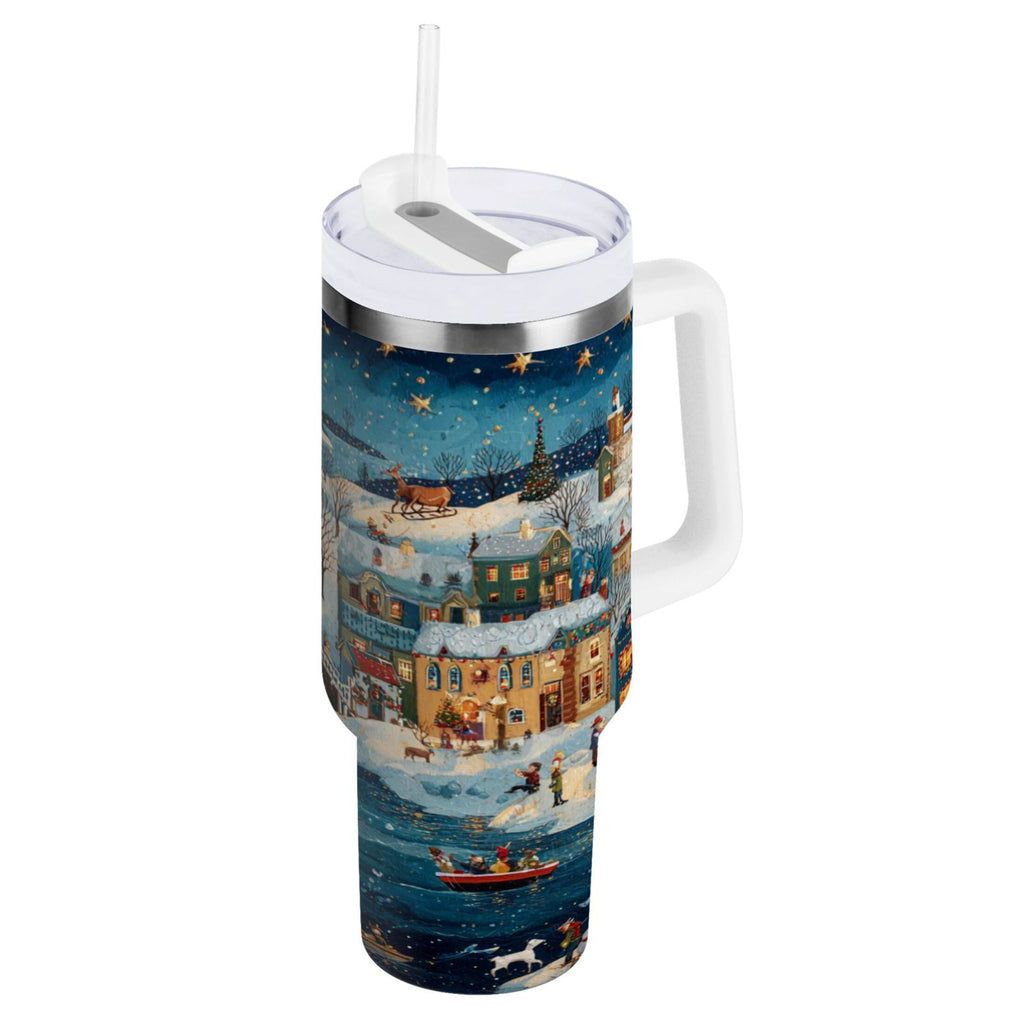 30 oz Insulated Stainless Steel Tumbler Double Wall Stainless Steel Tumbler with 2-Way Drinking Whimsical Christmas Scene C545C
