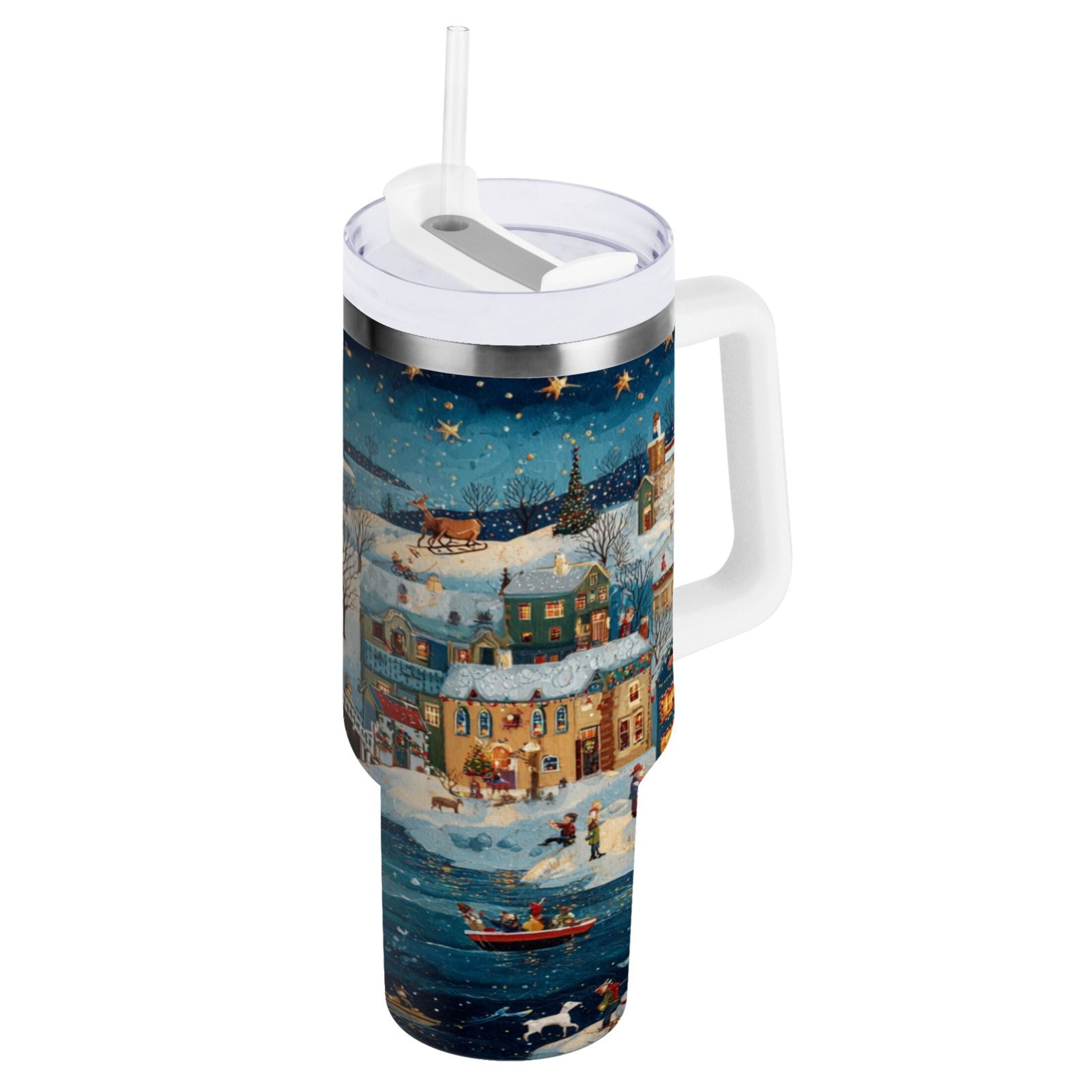 30 oz Insulated Stainless Steel Tumbler Double Wall Stainless Steel Tumbler with 2-Way Drinking Whimsical Christmas Scene C545C
