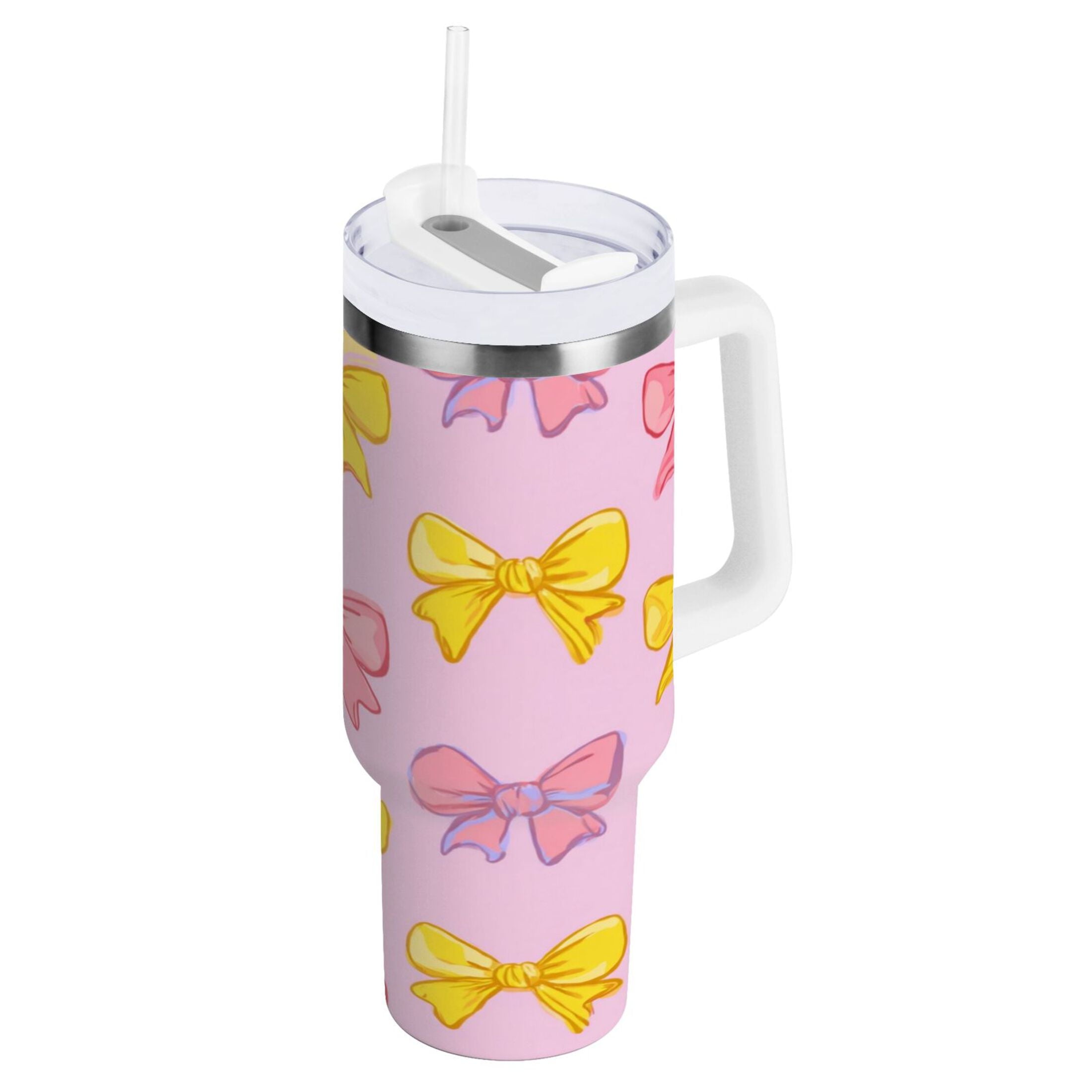 30 oz Insulated Stainless Steel Tumbler Double Wall Stainless Steel Tumbler with 2-Way Drinking Yellow and Pink Bows C566M