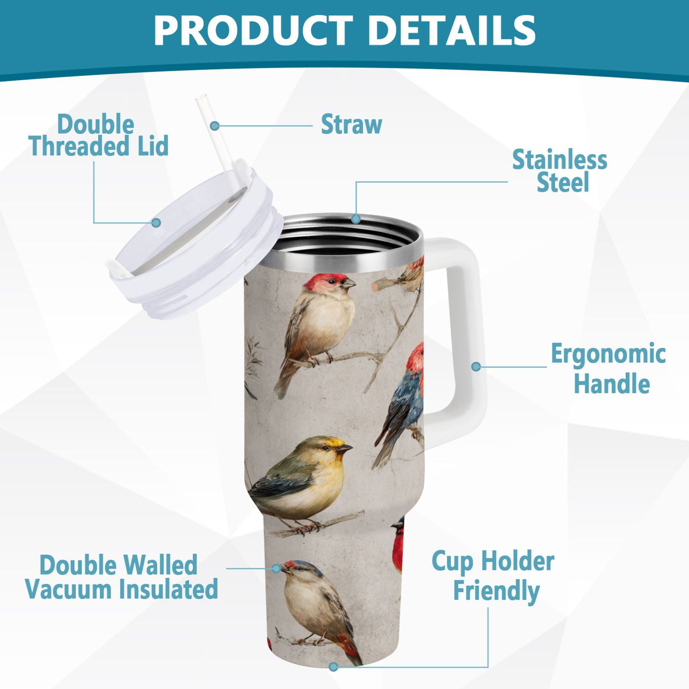 40 oz Insulated Stainless Steel Tumbler Double Wall Stainless Steel Tumbler with 2-Way Drinking Birds Pattern C612K