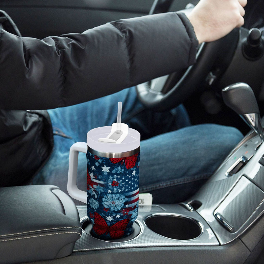 30 oz Insulated Stainless Steel Tumbler Double Wall Stainless Steel Tumbler with 2-Way Drinking Red Butterflies and Flags C621J