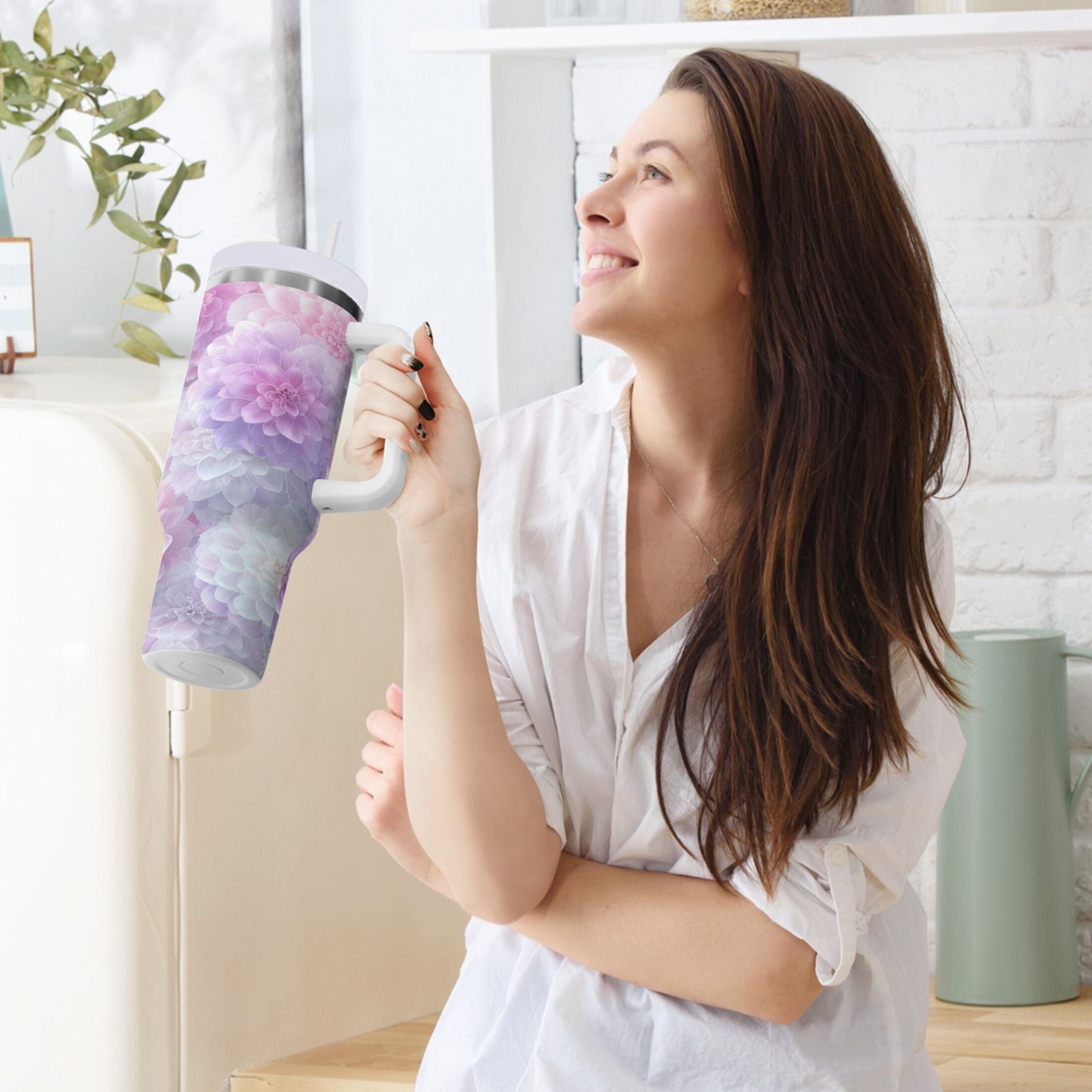 30 oz Insulated Stainless Steel Tumbler Double Wall Stainless Steel Tumbler with 2-Way Drinking Cute Pastel Watercolor Floral C578E