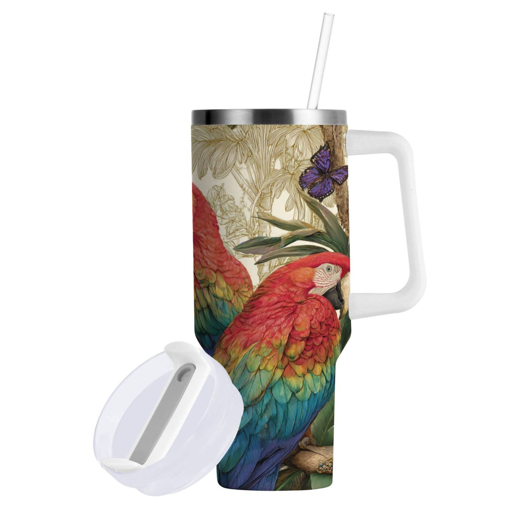 30 oz Insulated Stainless Steel Tumbler Double Wall Stainless Steel Tumbler with 2-Way Drinking Colorful Beautiful Parrots C520H