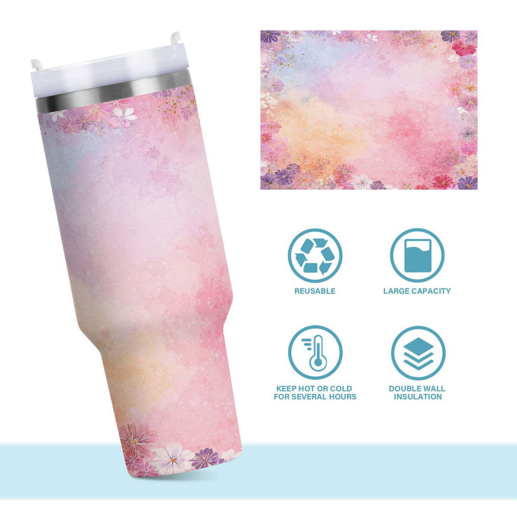 30 oz Insulated Stainless Steel Tumbler Double Wall Stainless Steel Tumbler with 2-Way Drinking Colorful Pastel Floral Pattern C514N