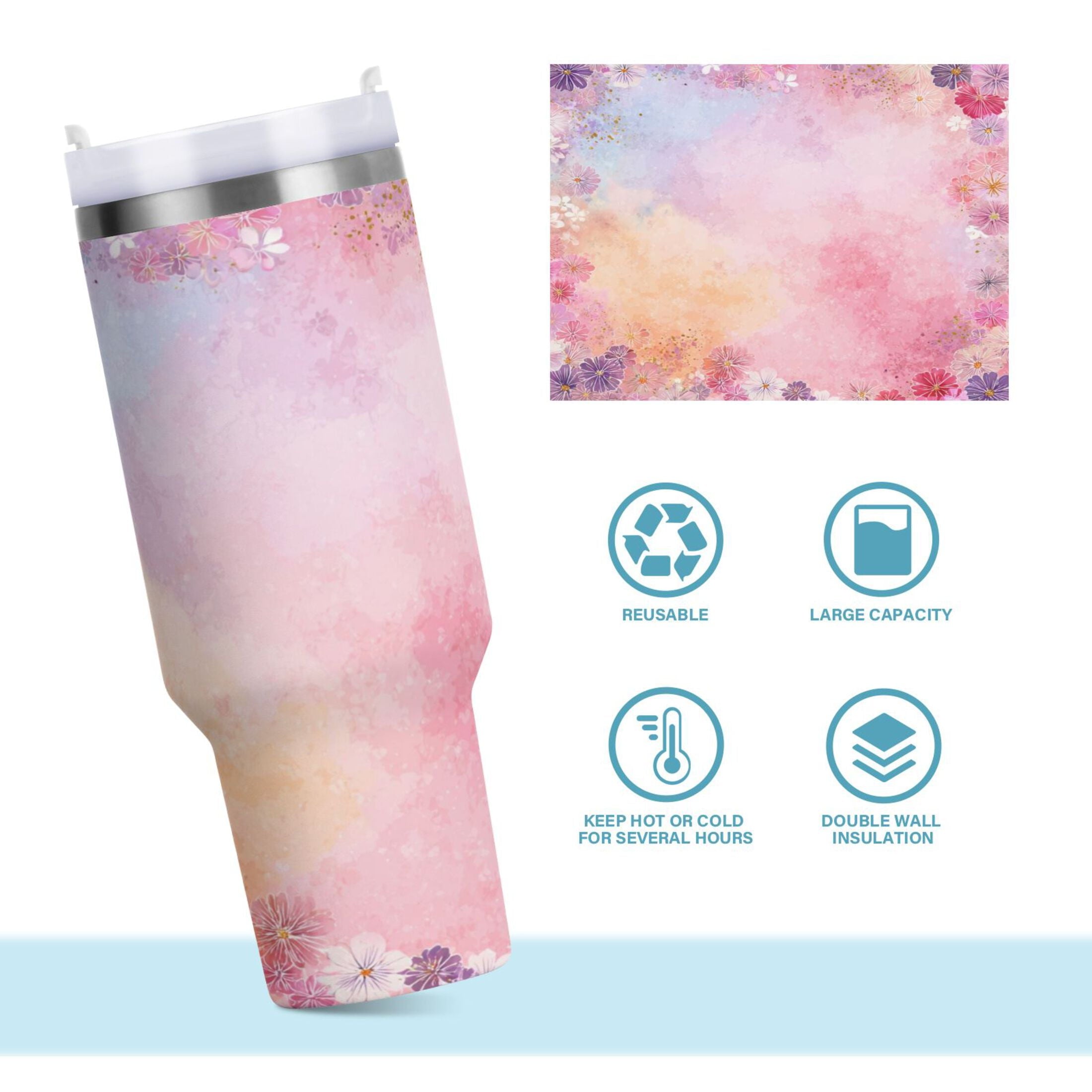 30 oz Insulated Stainless Steel Tumbler Double Wall Stainless Steel Tumbler with 2-Way Drinking Colorful Pastel Floral Pattern C514N