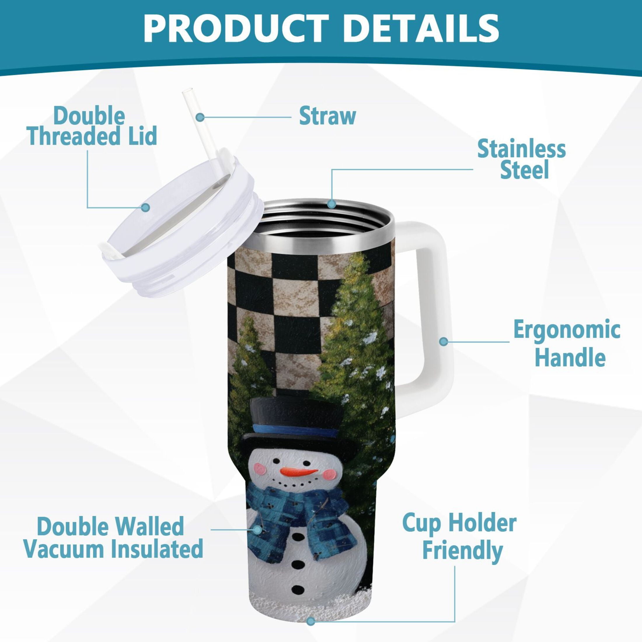 30 oz Insulated Stainless Steel Tumbler Double Wall Stainless Steel Tumbler with 2-Way Drinking Two Snowmen Pattern C501E