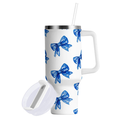 30 oz Insulated Stainless Steel Tumbler Double Wall Stainless Steel Tumbler with 2-Way Drinking Blue Bows Pattern C620Q
