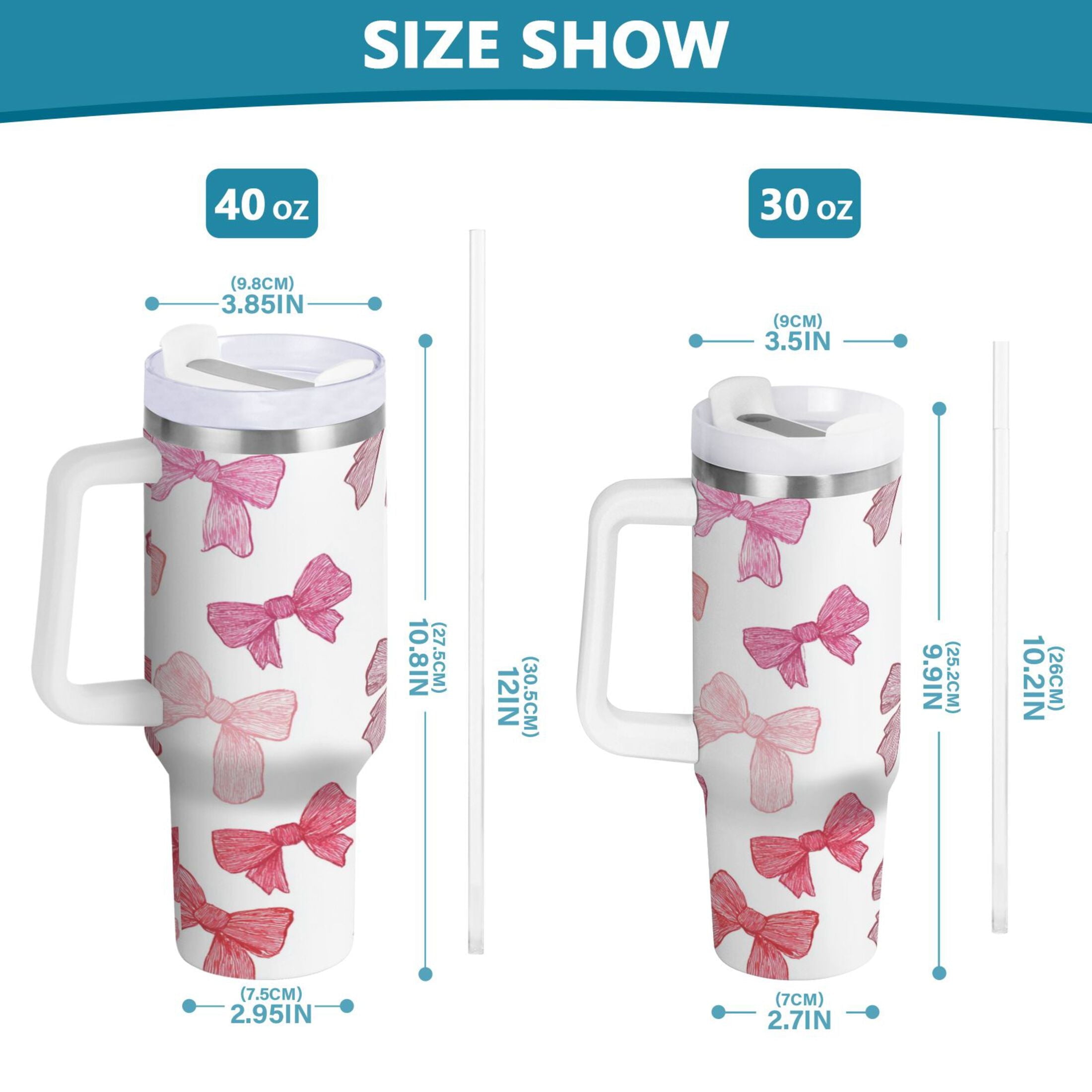 40 oz Insulated Stainless Steel Tumbler Double Wall Stainless Steel Tumbler with 2-Way Drinking Pink Bows Pattern C570V