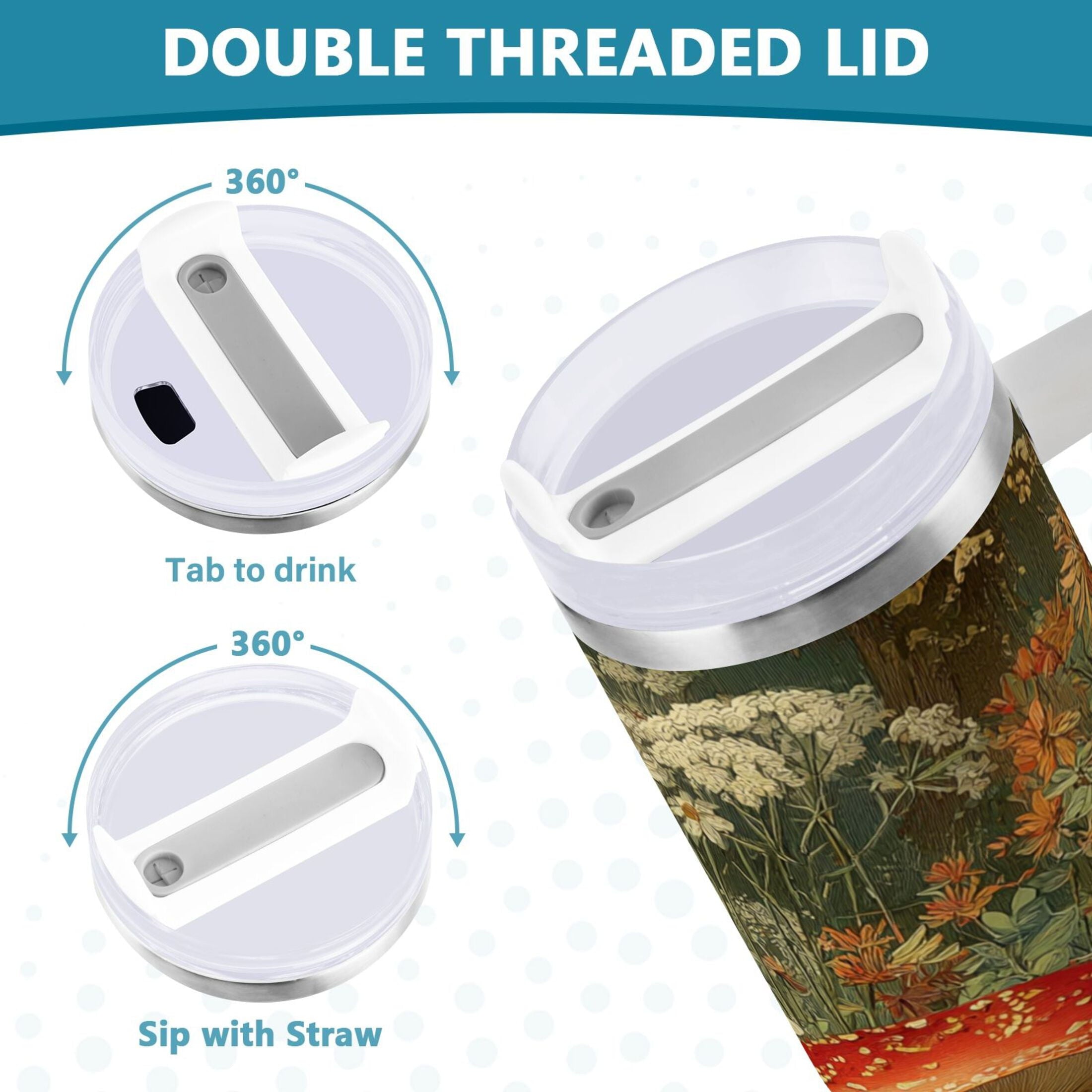 40 oz Insulated Stainless Steel Tumbler Double Wall Stainless Steel Tumbler with 2-Way Drinking Red Mushrooms C505X