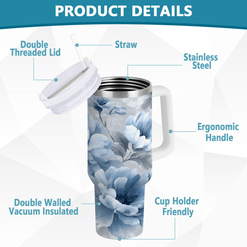 40 oz Insulated Stainless Steel Tumbler Double Wall Stainless Steel Tumbler with 2-Way Drinking White Floral Pattern C584C