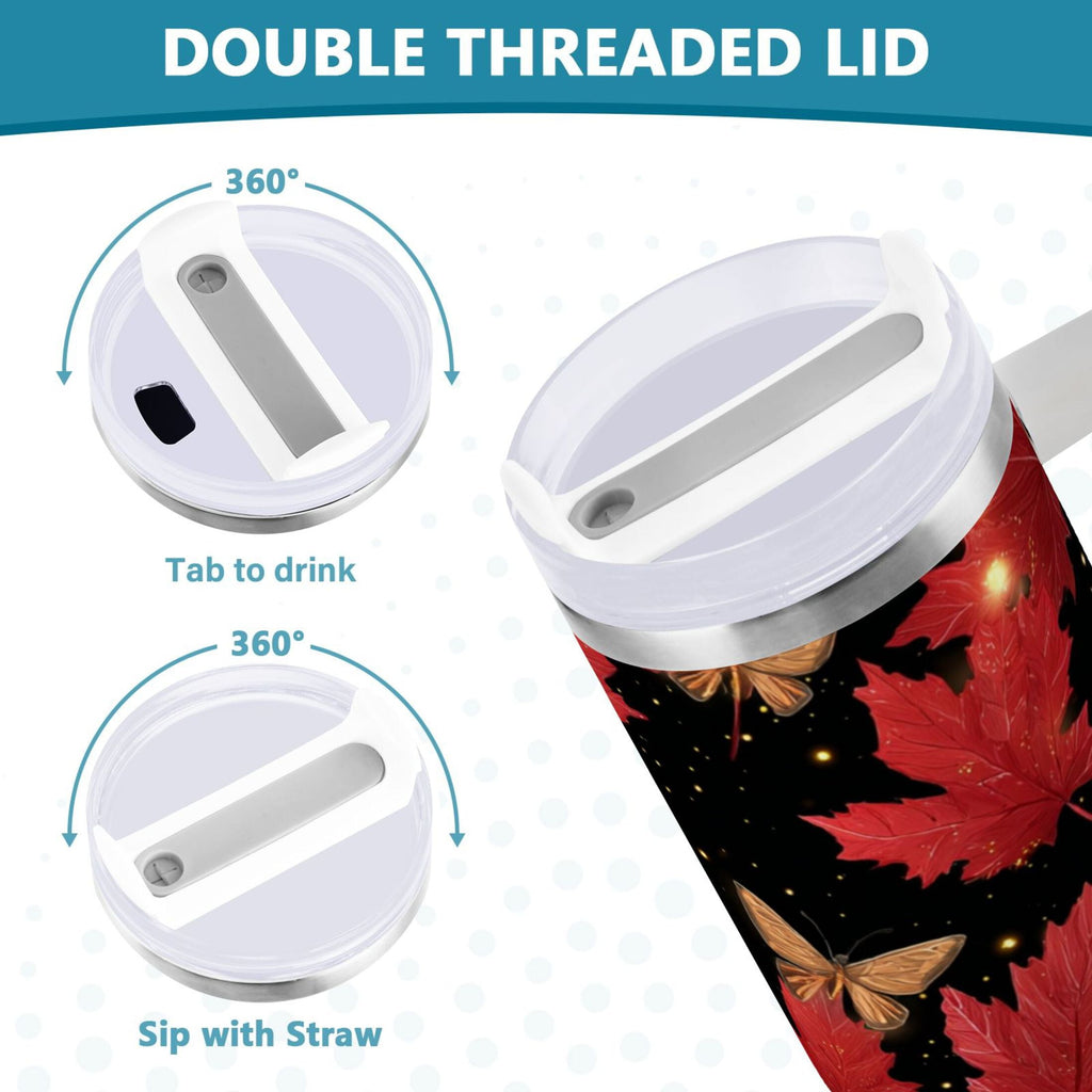40 oz Insulated Stainless Steel Tumbler Double Wall Stainless Steel Tumbler with 2-Way Drinking Maple Leaves and Fireflies C516U