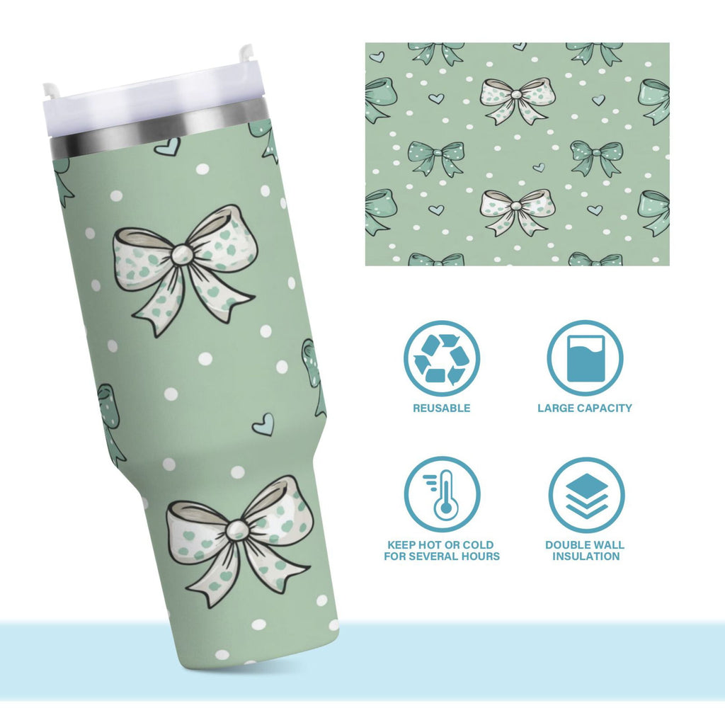 30 oz Insulated Stainless Steel Tumbler Double Wall Stainless Steel Tumbler with 2-Way Drinking Green and Mint Bows C559E