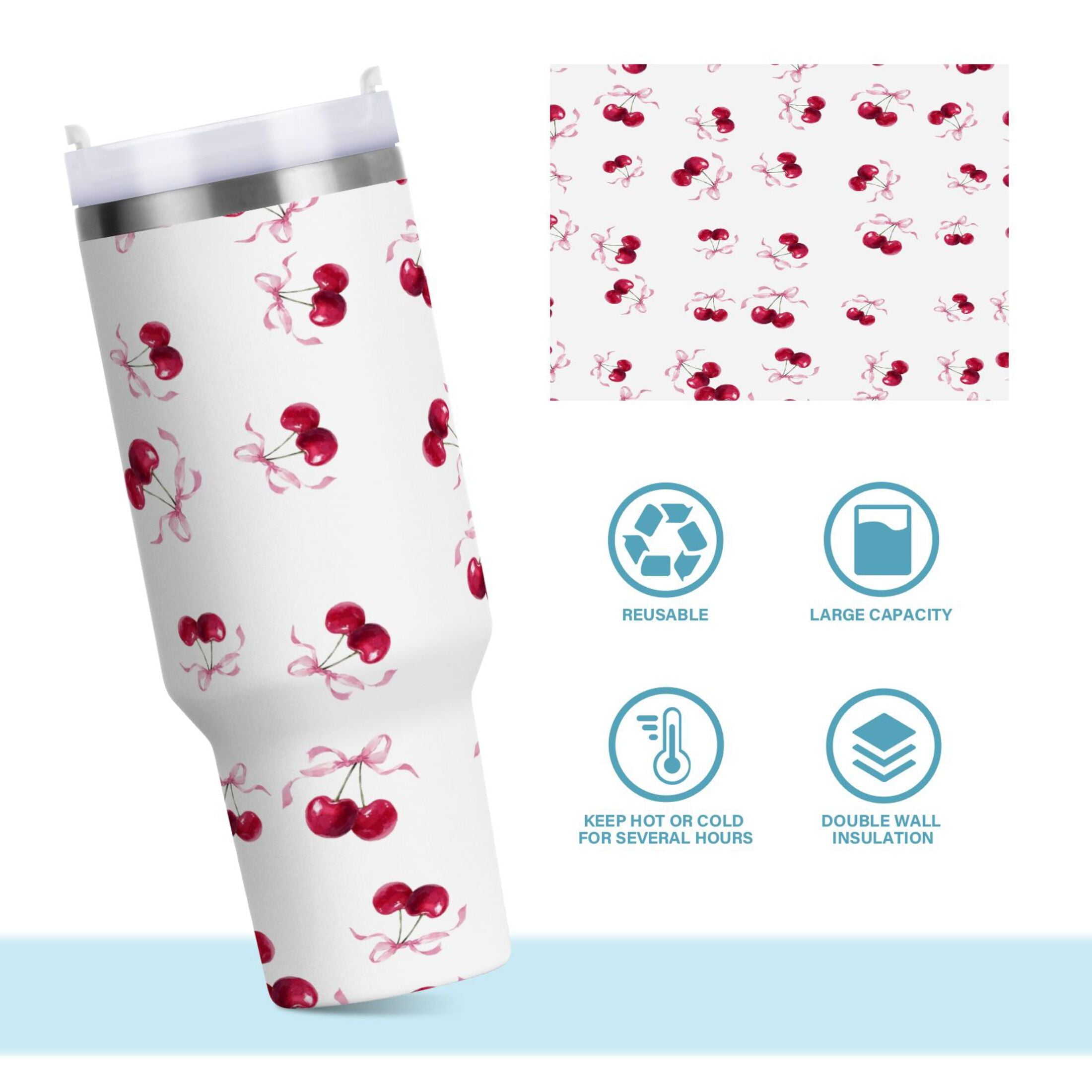 30 oz Insulated Stainless Steel Tumbler Double Wall Stainless Steel Tumbler with 2-Way Drinking Watercolor Cherries Pattern C604S