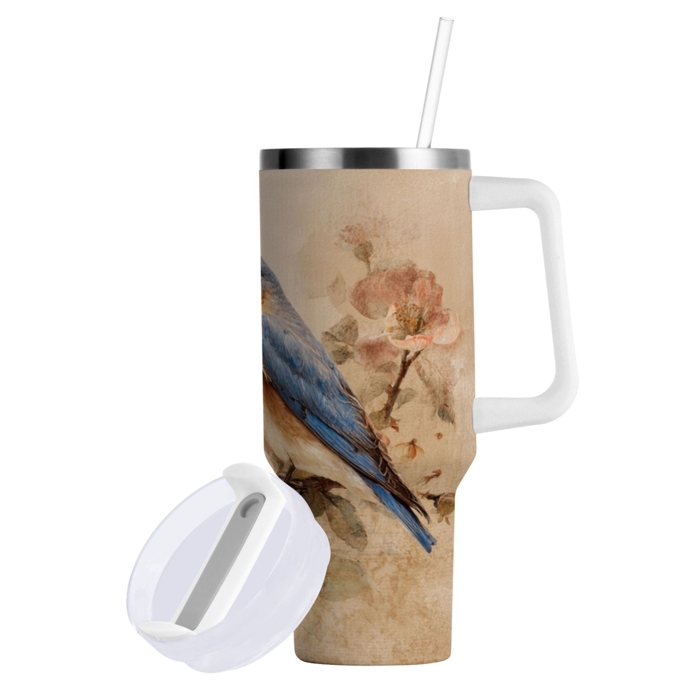 40 oz Insulated Stainless Steel Tumbler Double Wall Stainless Steel Tumbler with 2-Way Drinking Bluebird and Ancient Flowers C574Q
