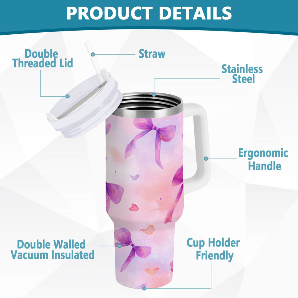30 oz Insulated Stainless Steel Tumbler Double Wall Stainless Steel Tumbler with 2-Way Drinking Watercolor Purple Bows C591F