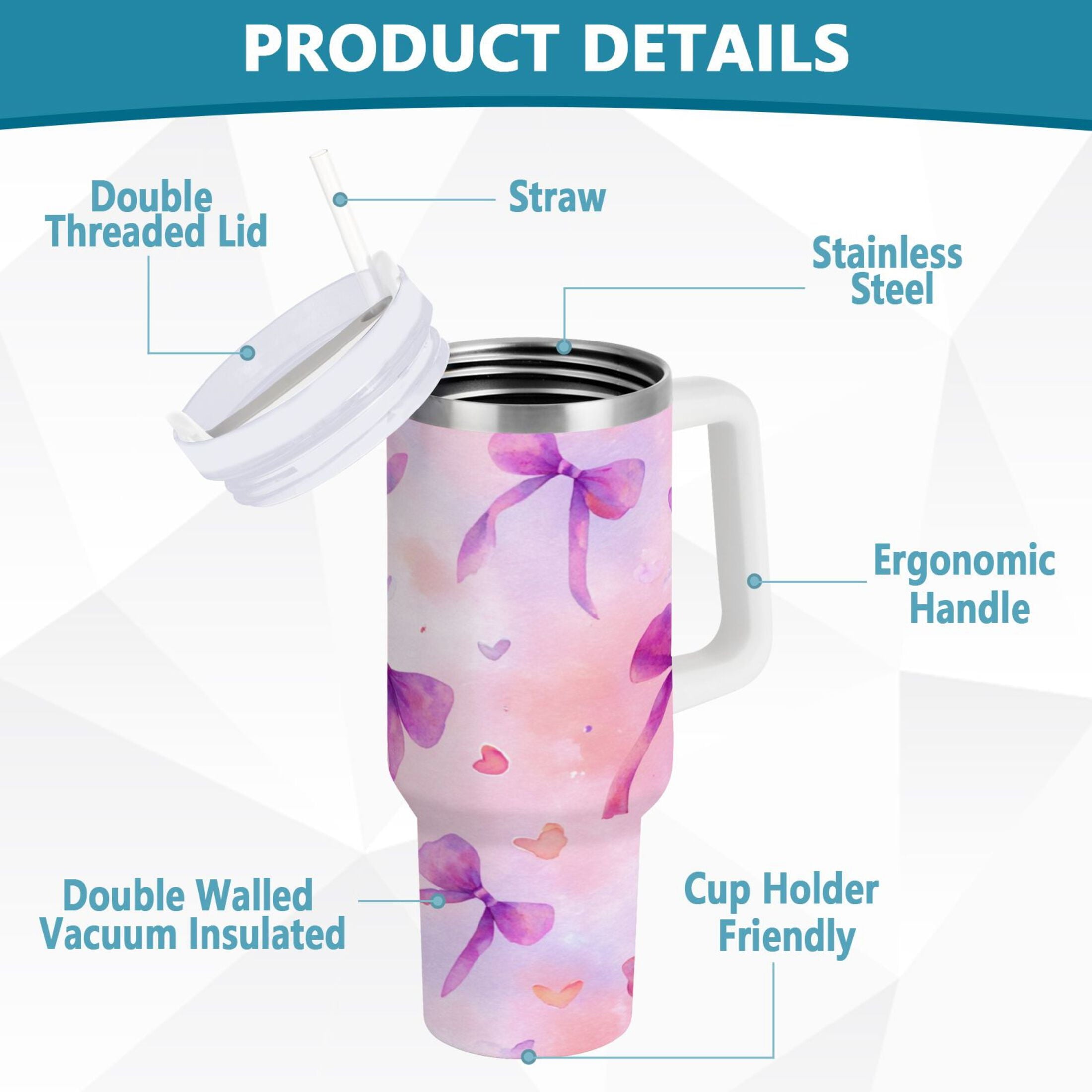 30 oz Insulated Stainless Steel Tumbler Double Wall Stainless Steel Tumbler with 2-Way Drinking Watercolor Purple Bows C591F