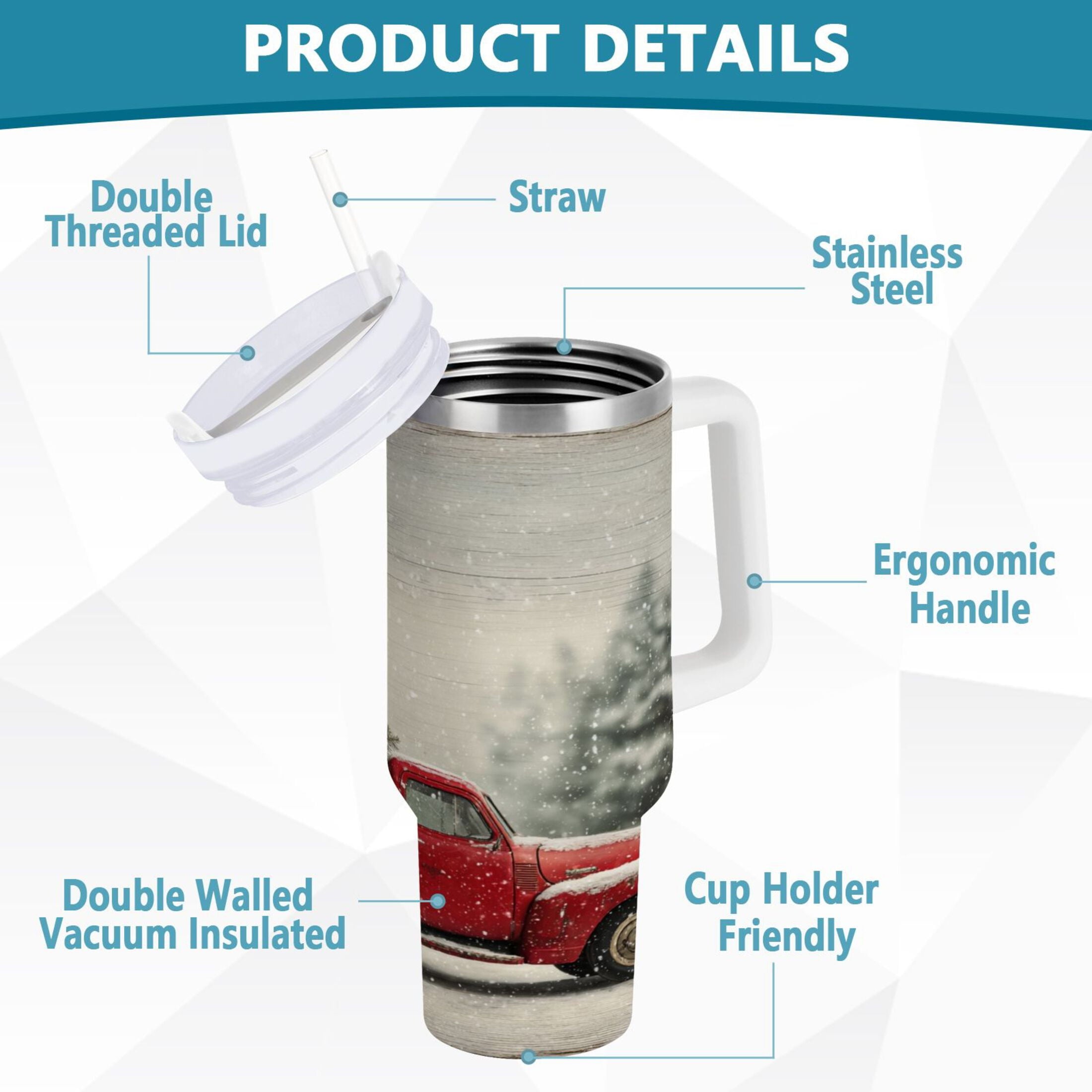 40 oz Insulated Stainless Steel Tumbler Double Wall Stainless Steel Tumbler with 2-Way Drinking Vintage Red Truck C631X