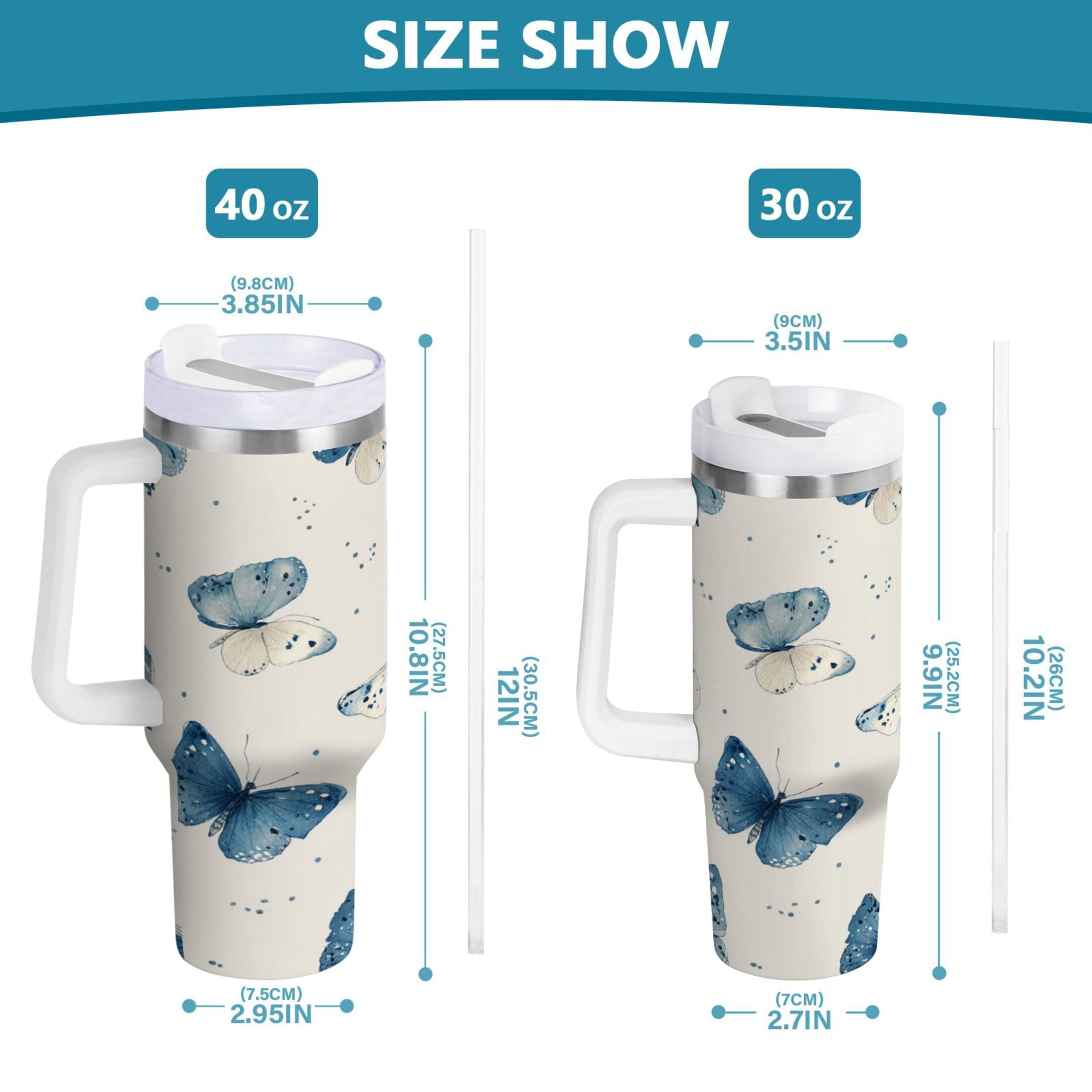 30 oz Insulated Stainless Steel Tumbler Double Wall Stainless Steel Tumbler with 2-Way Drinking Blue Watercolor Butterflies C572J