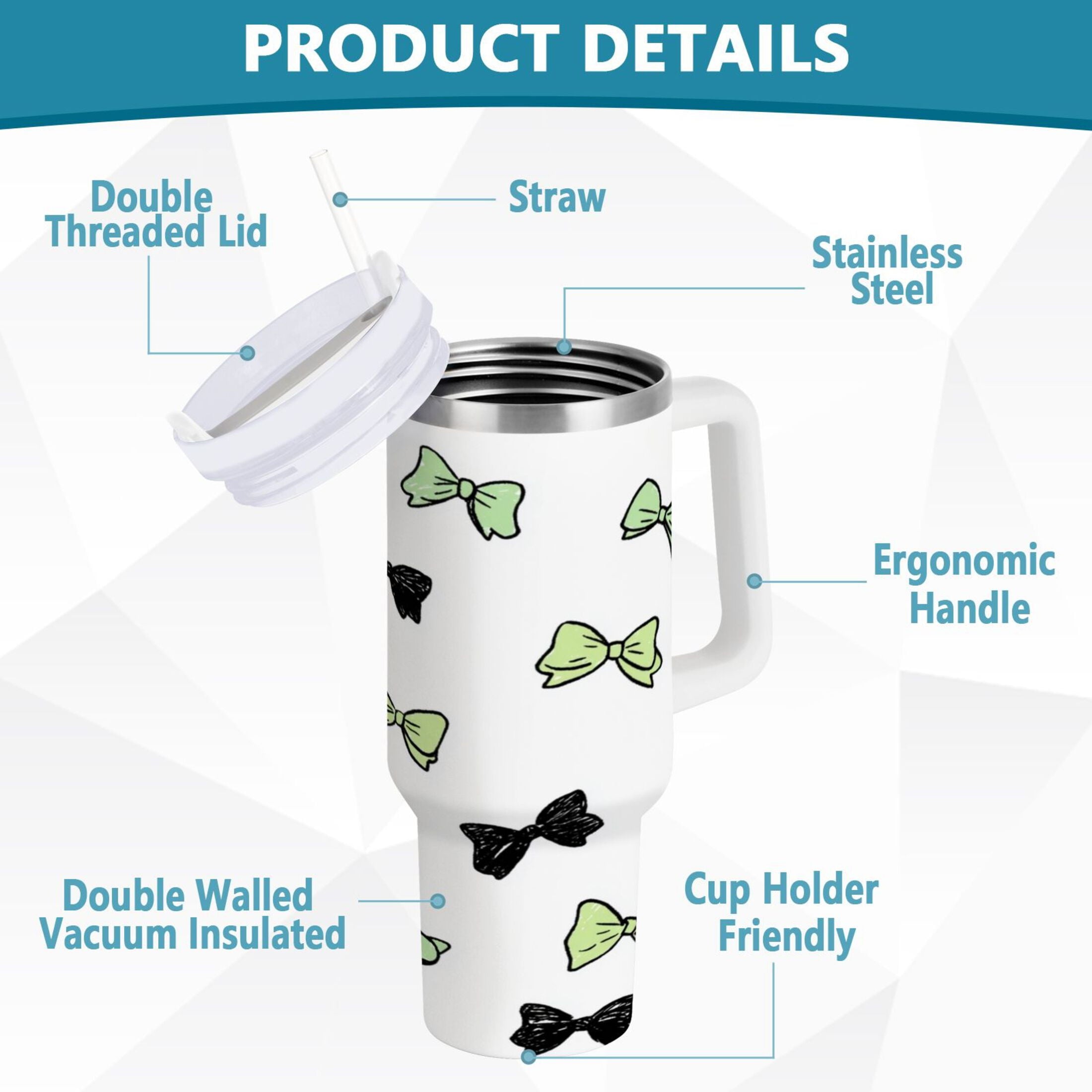 40 oz Insulated Stainless Steel Tumbler Double Wall Stainless Steel Tumbler with 2-Way Drinking Green and Black Bows C553B