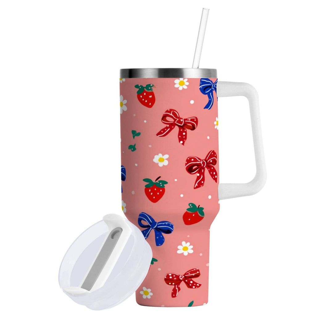 40 oz Insulated Stainless Steel Tumbler Double Wall Stainless Steel Tumbler with 2-Way Drinking Bows and Strawberries Pattern C511T
