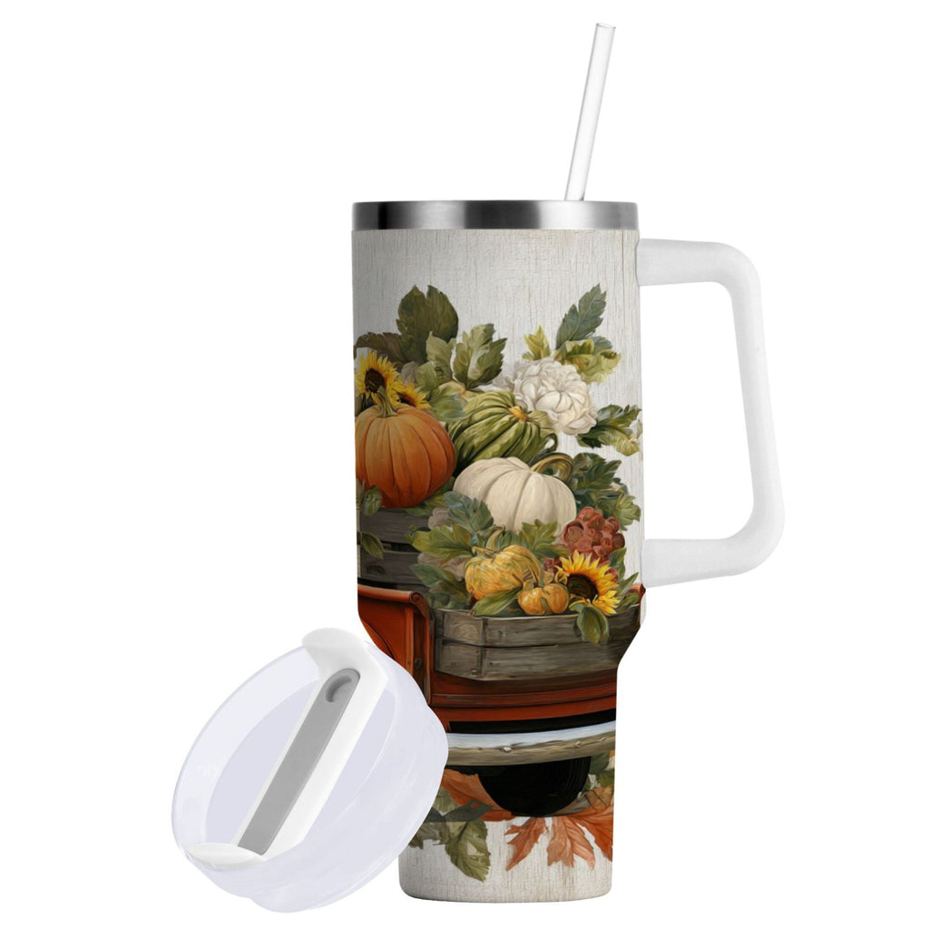 40 oz Insulated Stainless Steel Tumbler Double Wall Stainless Steel Tumbler with 2-Way Drinking Truck Full Of Pumpkins C650K