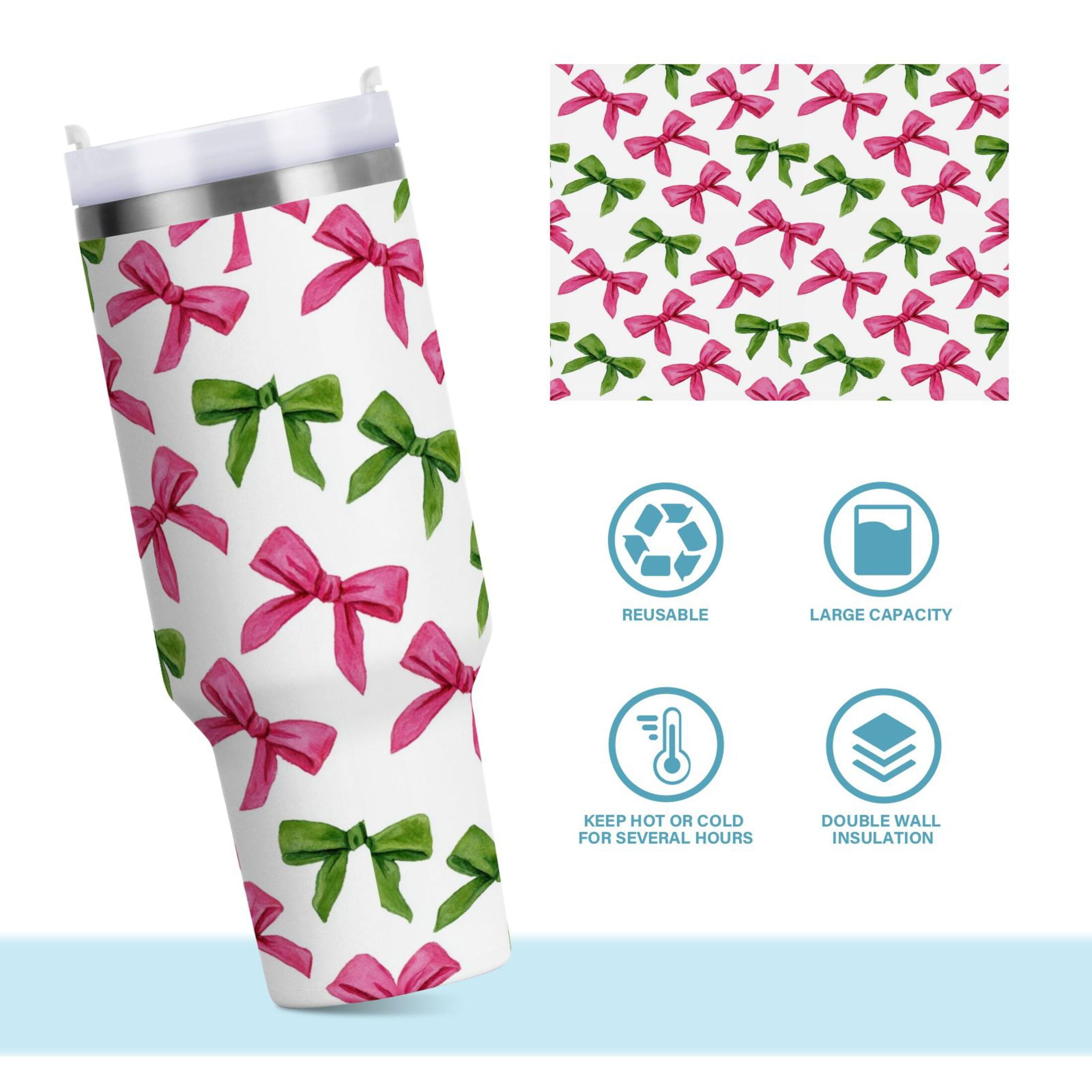 30 oz Insulated Stainless Steel Tumbler Double Wall Stainless Steel Tumbler with 2-Way Drinking Pink Bows and Green Ribbons C649W