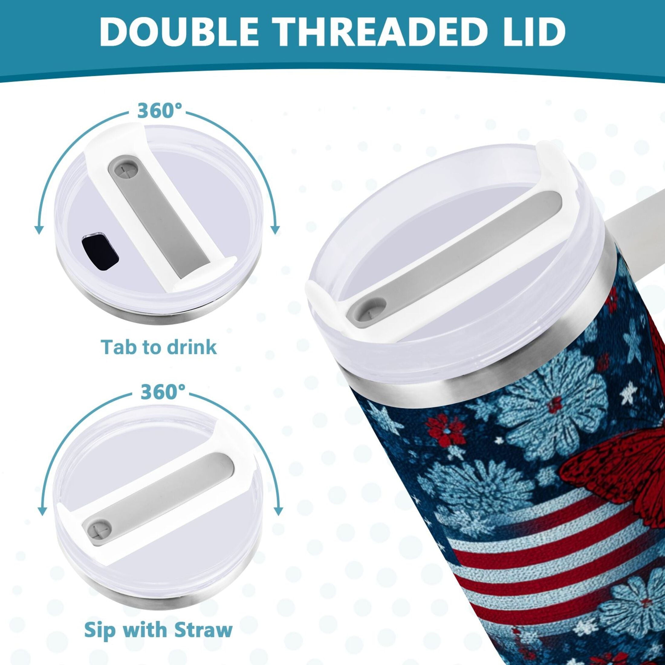 30 oz Insulated Stainless Steel Tumbler Double Wall Stainless Steel Tumbler with 2-Way Drinking Red Butterflies and Flags C621J