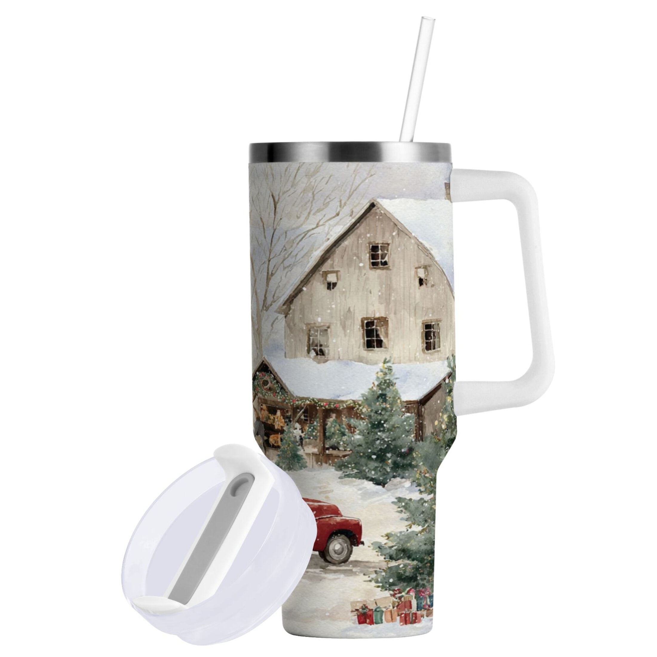 40 oz Insulated Stainless Steel Tumbler Double Wall Stainless Steel Tumbler with 2-Way Drinking Farm Snow Scene C645B