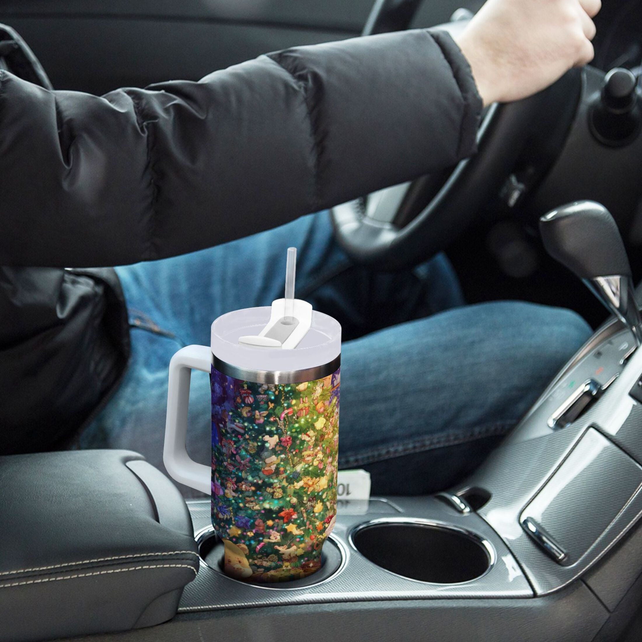 40 oz Insulated Stainless Steel Tumbler Double Wall Stainless Steel Tumbler with 2-Way Drinking Festive Christmas Scene C575W