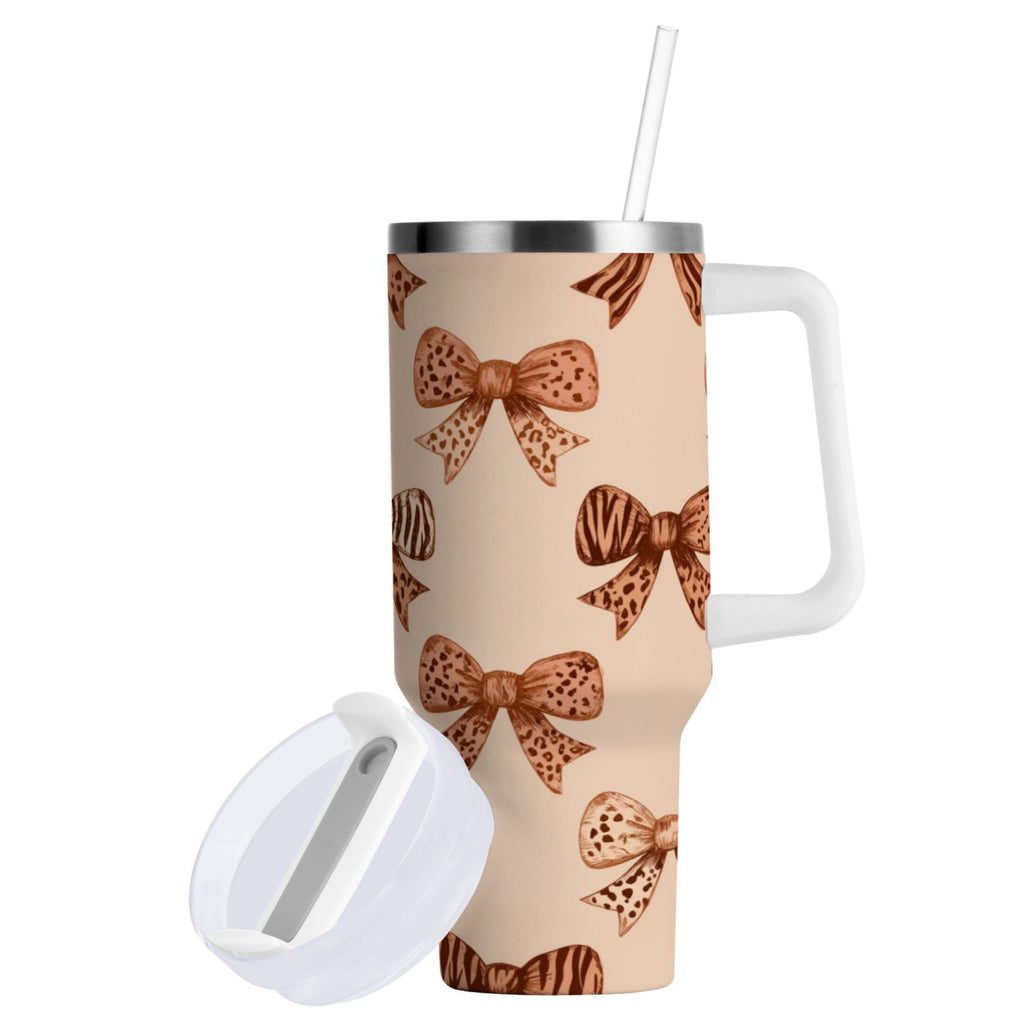 40 oz Insulated Stainless Steel Tumbler Double Wall Stainless Steel Tumbler with 2-Way Drinking Leopard Print Bow C550P