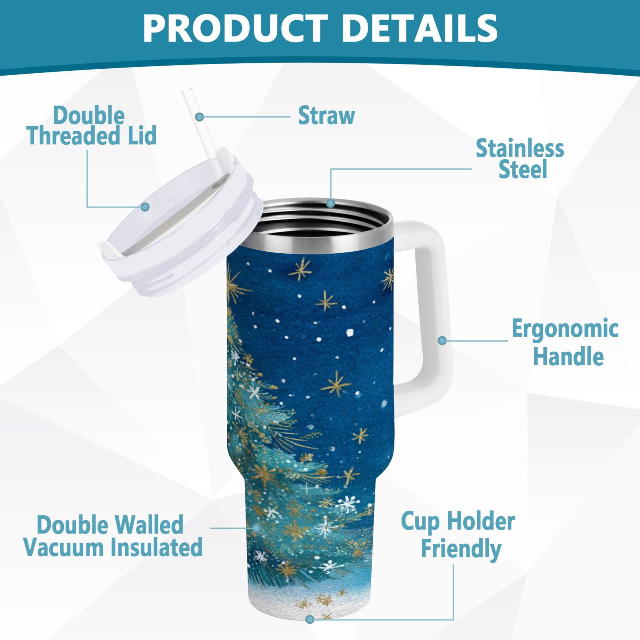 40 oz Insulated Stainless Steel Tumbler Double Wall Stainless Steel Tumbler with 2-Way Drinking Watercolor Christmas Tree C597Y