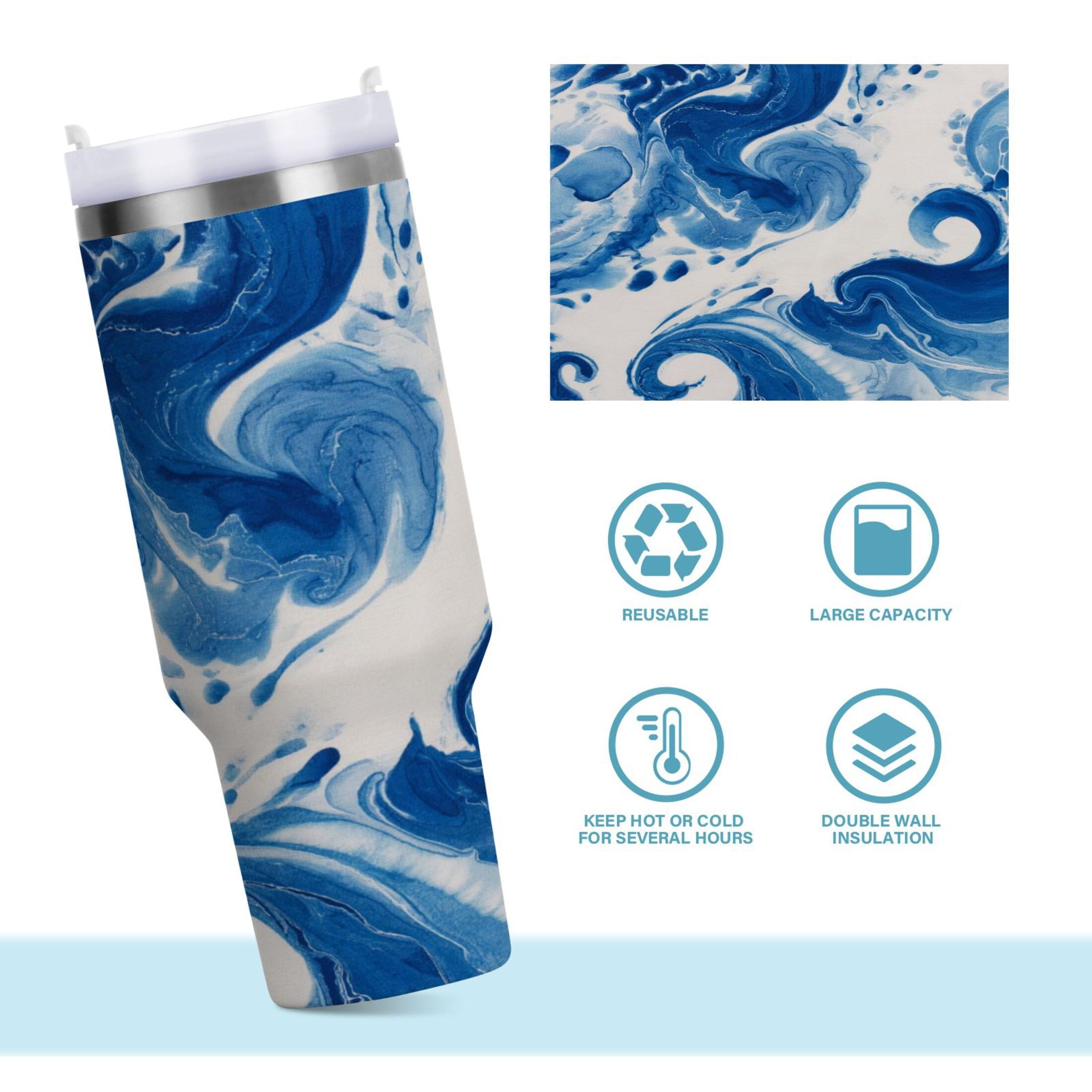 40 oz Insulated Stainless Steel Tumbler Double Wall Stainless Steel Tumbler with 2-Way Drinking Indigo Blue Tie-dye Pattern C632H