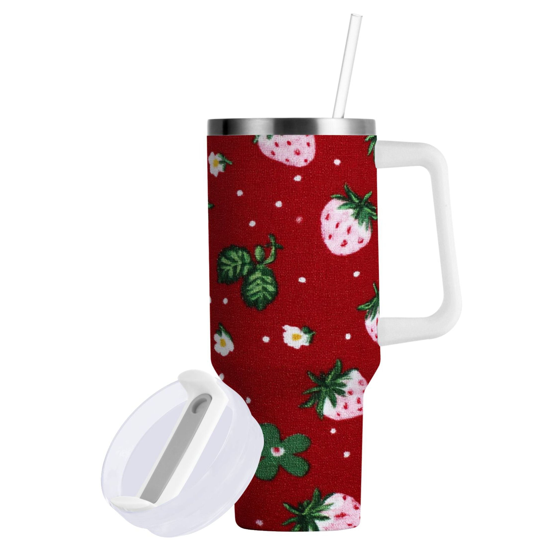 30 oz Insulated Stainless Steel Tumbler Double Wall Stainless Steel Tumbler with 2-Way Drinking Cute Pink Strawberry Pattern C630M