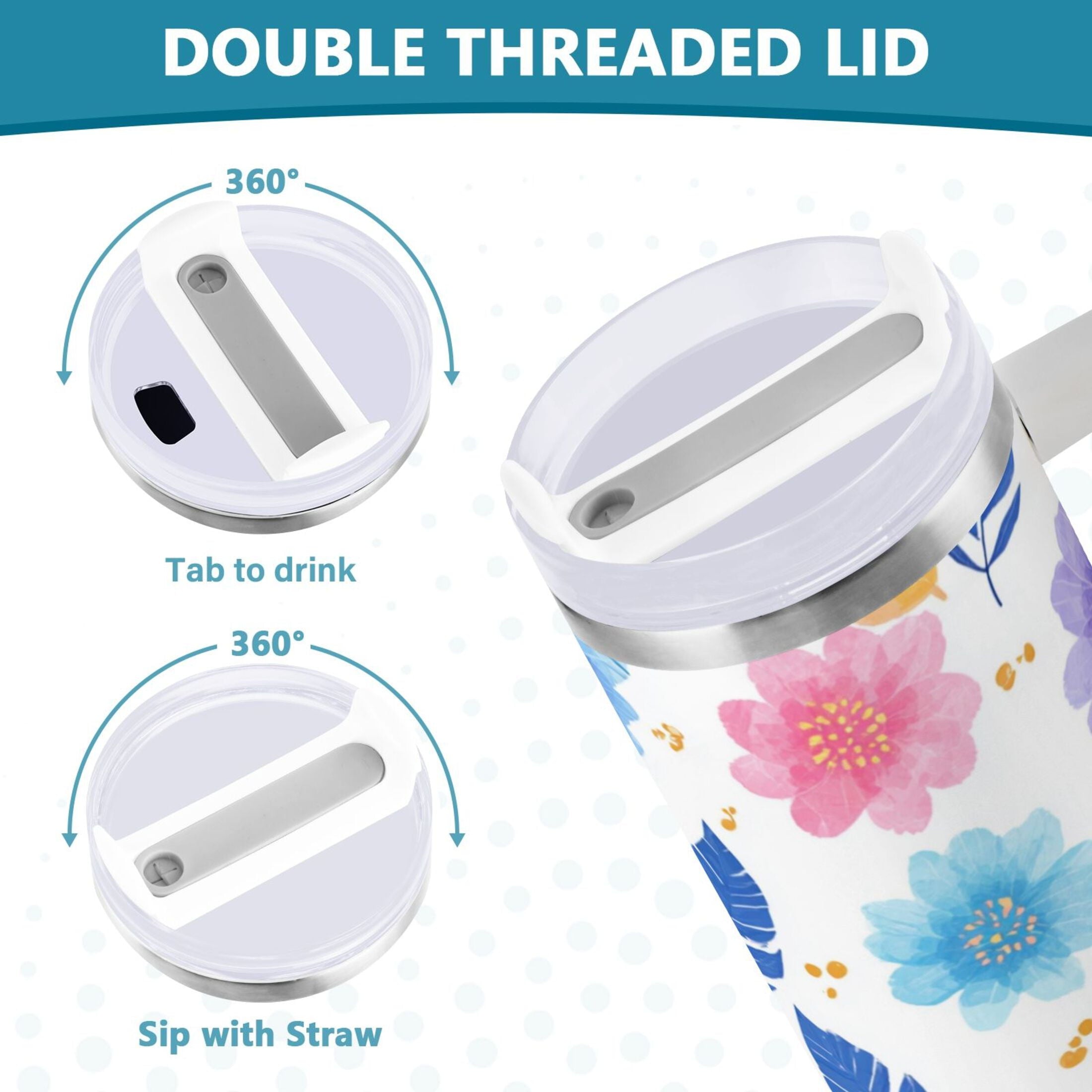 30 oz Insulated Stainless Steel Tumbler Double Wall Stainless Steel Tumbler with 2-Way Drinking Blue and Purple Flowers C522M