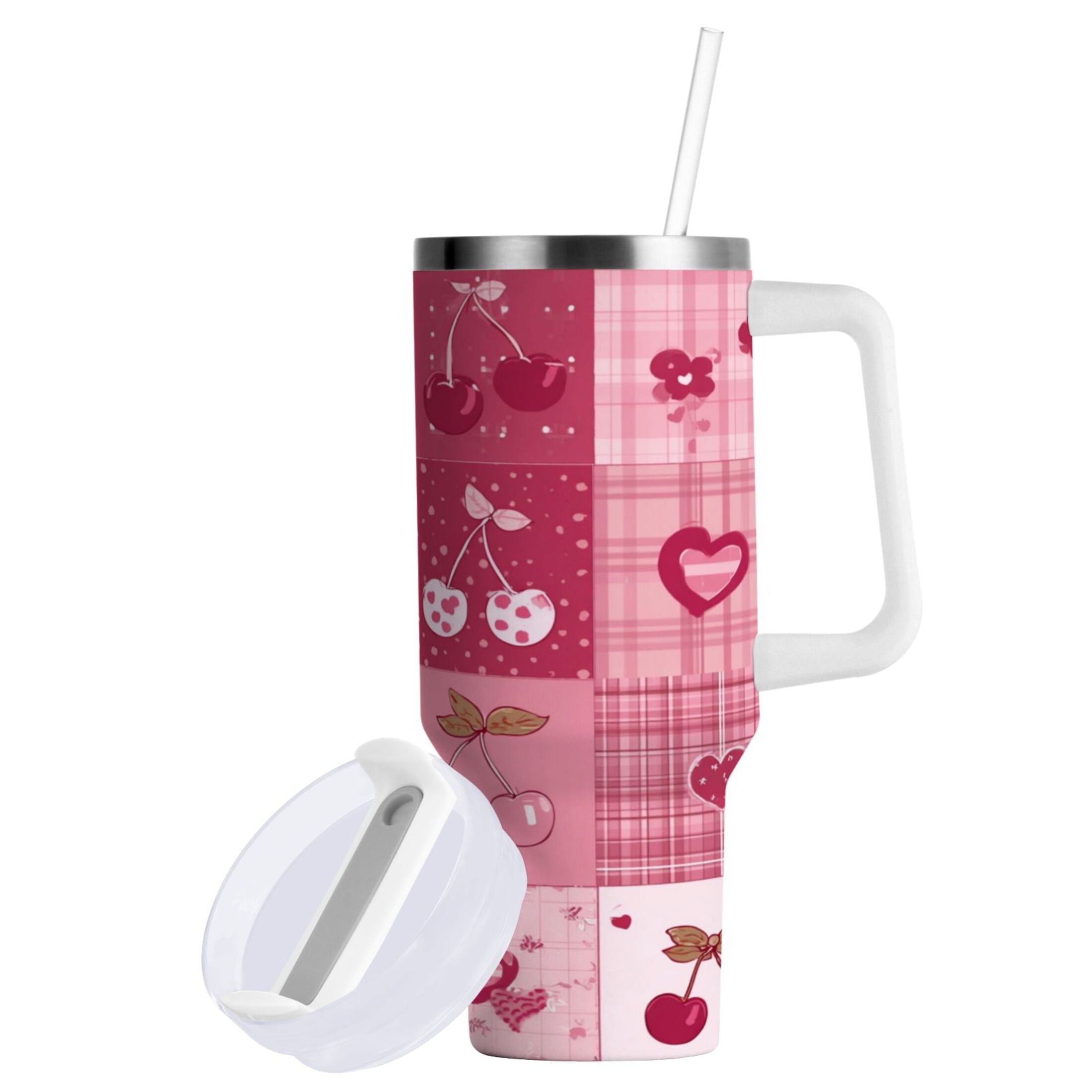 30 oz Insulated Stainless Steel Tumbler Double Wall Stainless Steel Tumbler with 2-Way Drinking Cherry Pattern with Bows C634X