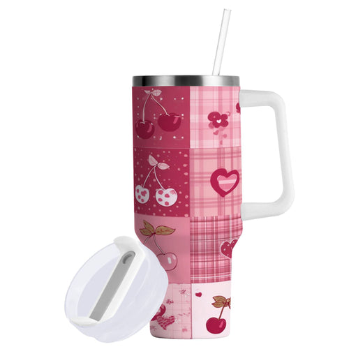 30 oz Insulated Stainless Steel Tumbler Double Wall Stainless Steel Tumbler with 2-Way Drinking Cherry Pattern with Bows C634X