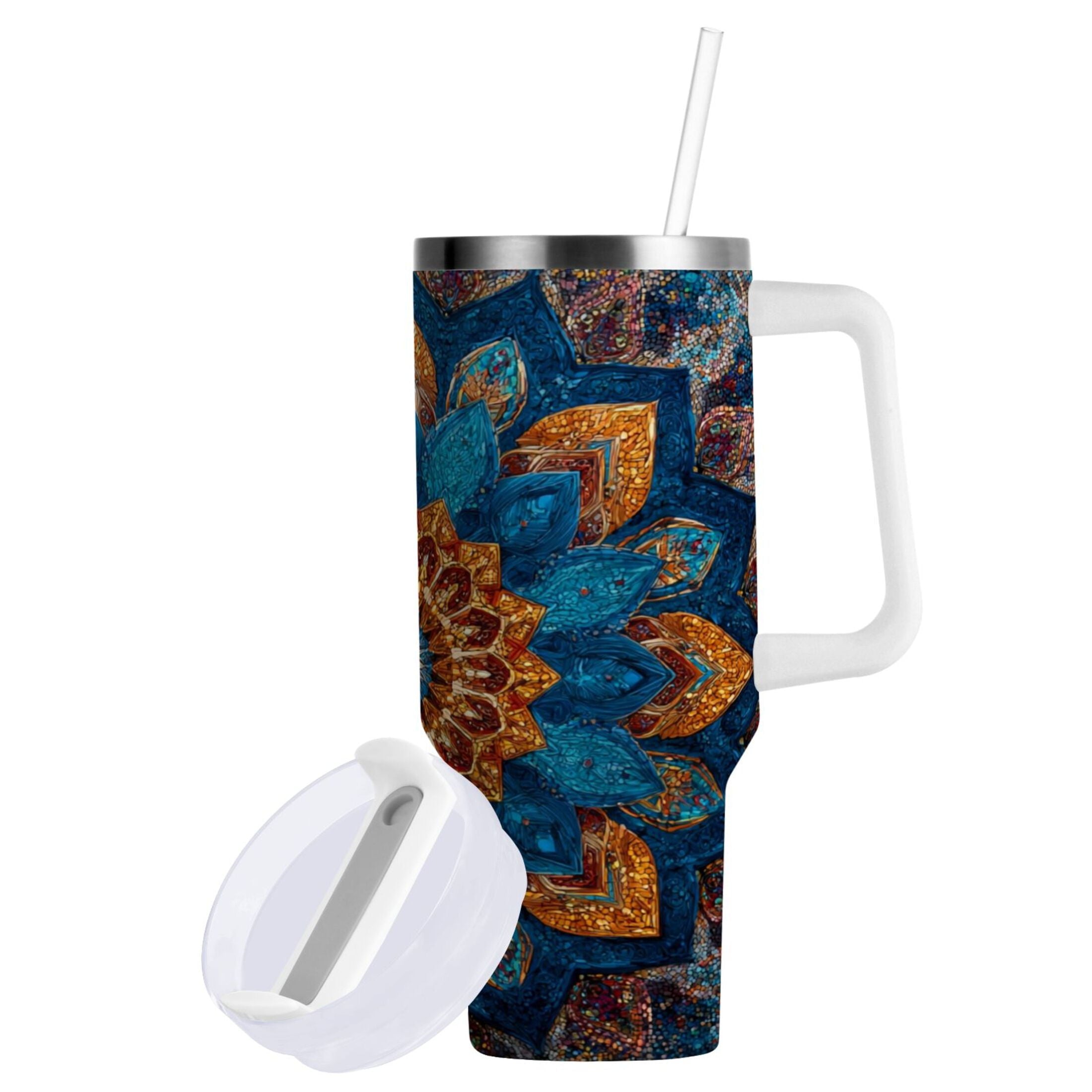 40 oz Insulated Stainless Steel Tumbler Double Wall Stainless Steel Tumbler with 2-Way Drinking Intricate Geometric Shapes C518N
