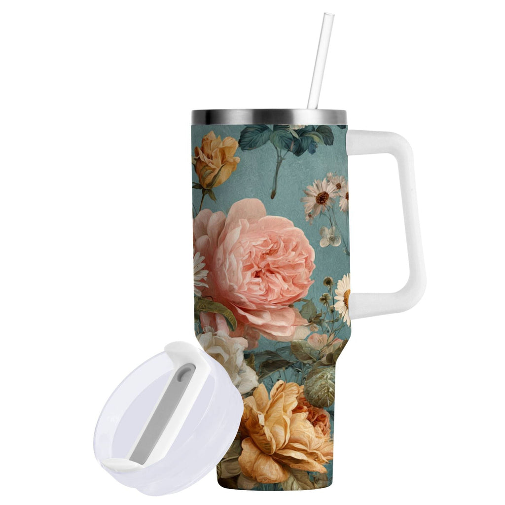 30 oz Insulated Stainless Steel Tumbler Double Wall Stainless Steel Tumbler with 2-Way Drinking Vintage Roses and Peonies C667T