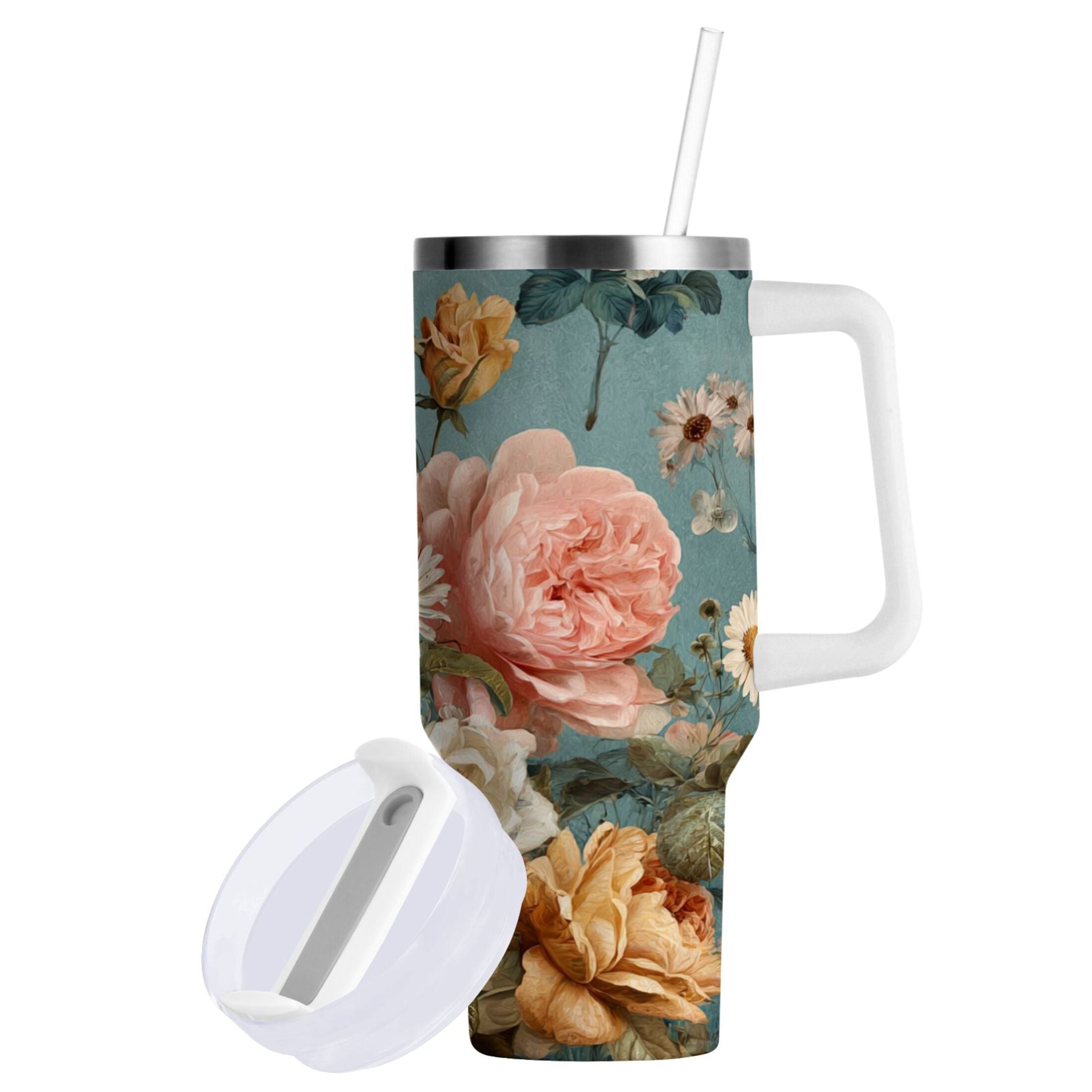 30 oz Insulated Stainless Steel Tumbler Double Wall Stainless Steel Tumbler with 2-Way Drinking Vintage Roses and Peonies C667T