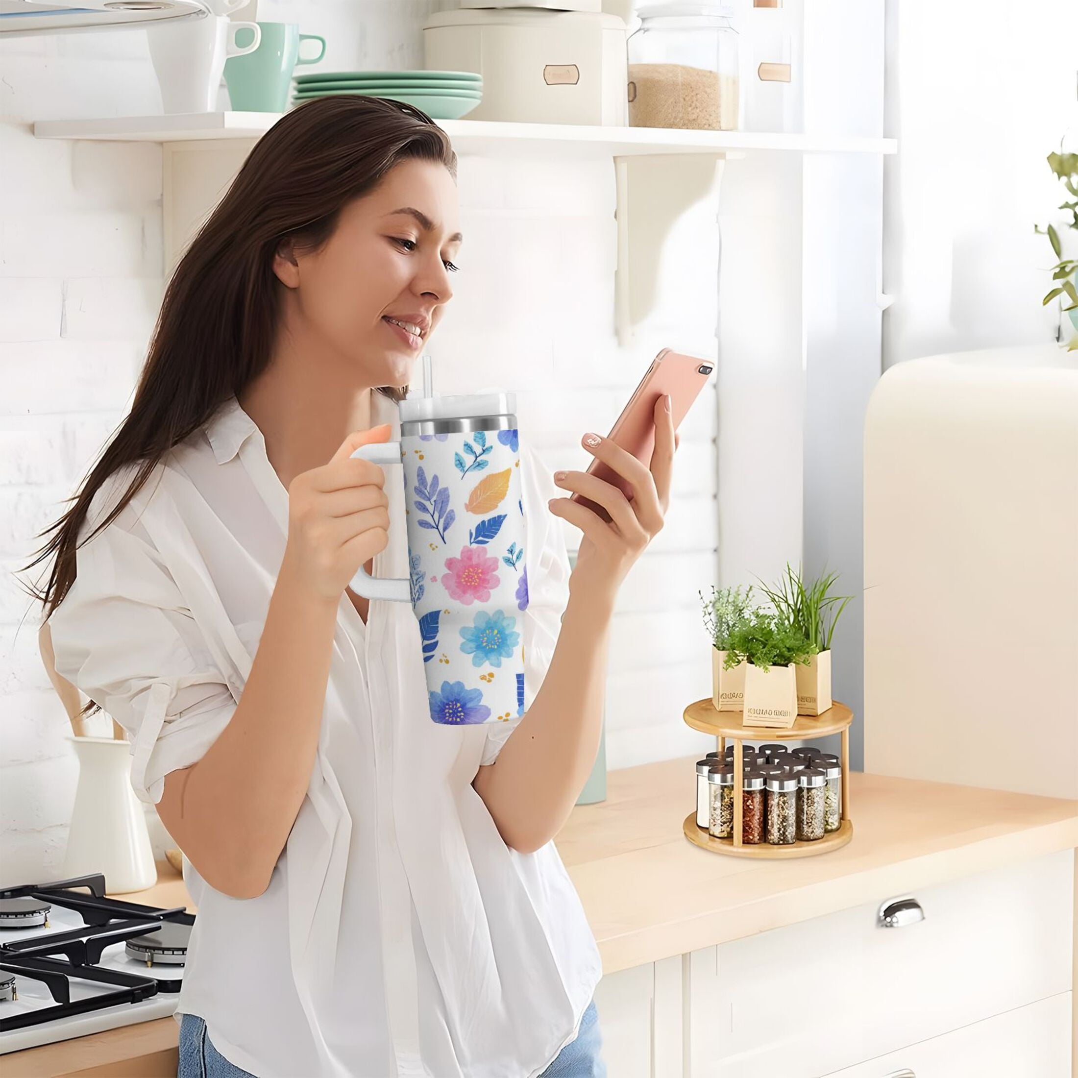 30 oz Insulated Stainless Steel Tumbler Double Wall Stainless Steel Tumbler with 2-Way Drinking Blue and Purple Flowers C522M