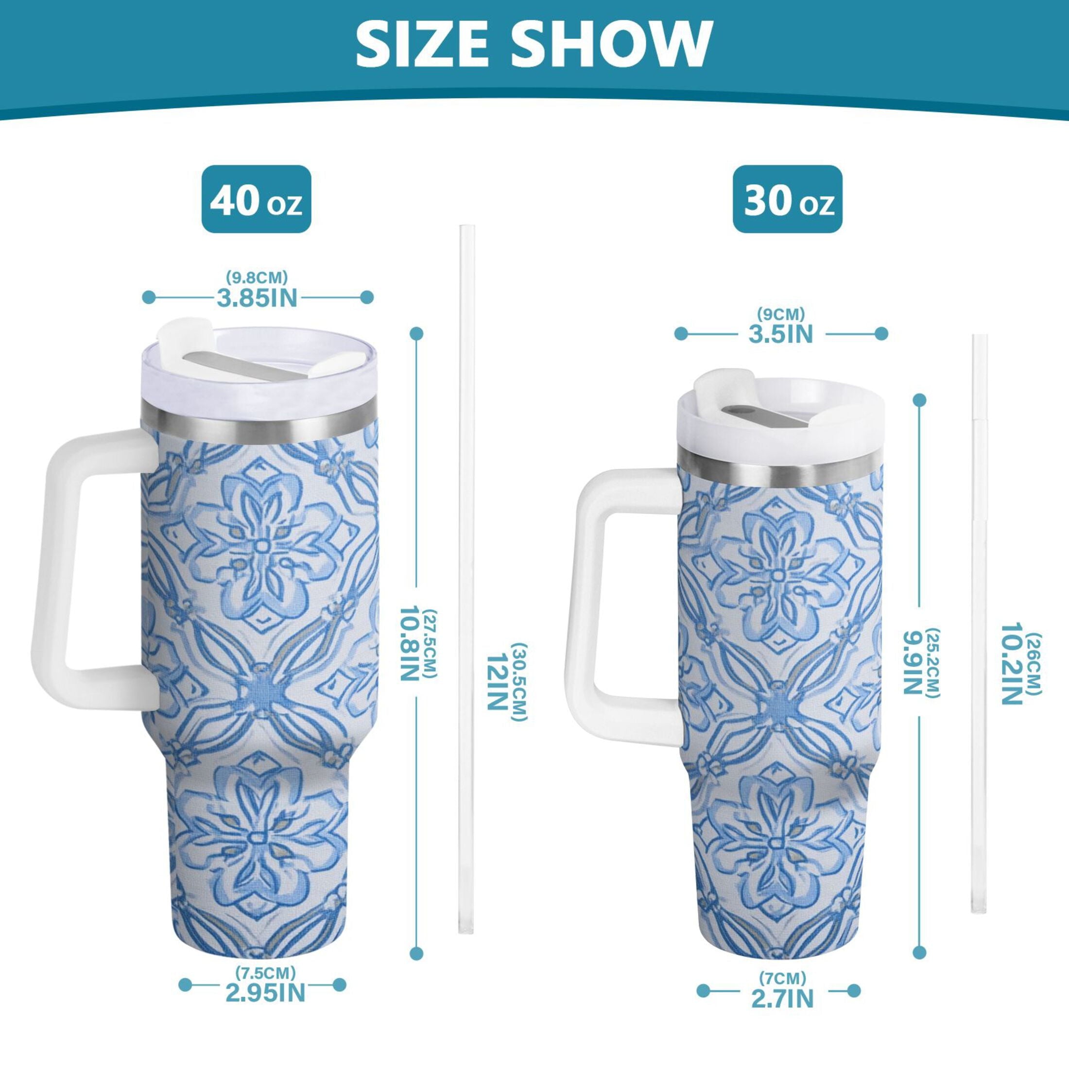 30 oz Insulated Stainless Steel Tumbler Double Wall Stainless Steel Tumbler with 2-Way Drinking Blue Elegant Geometric Design C623K